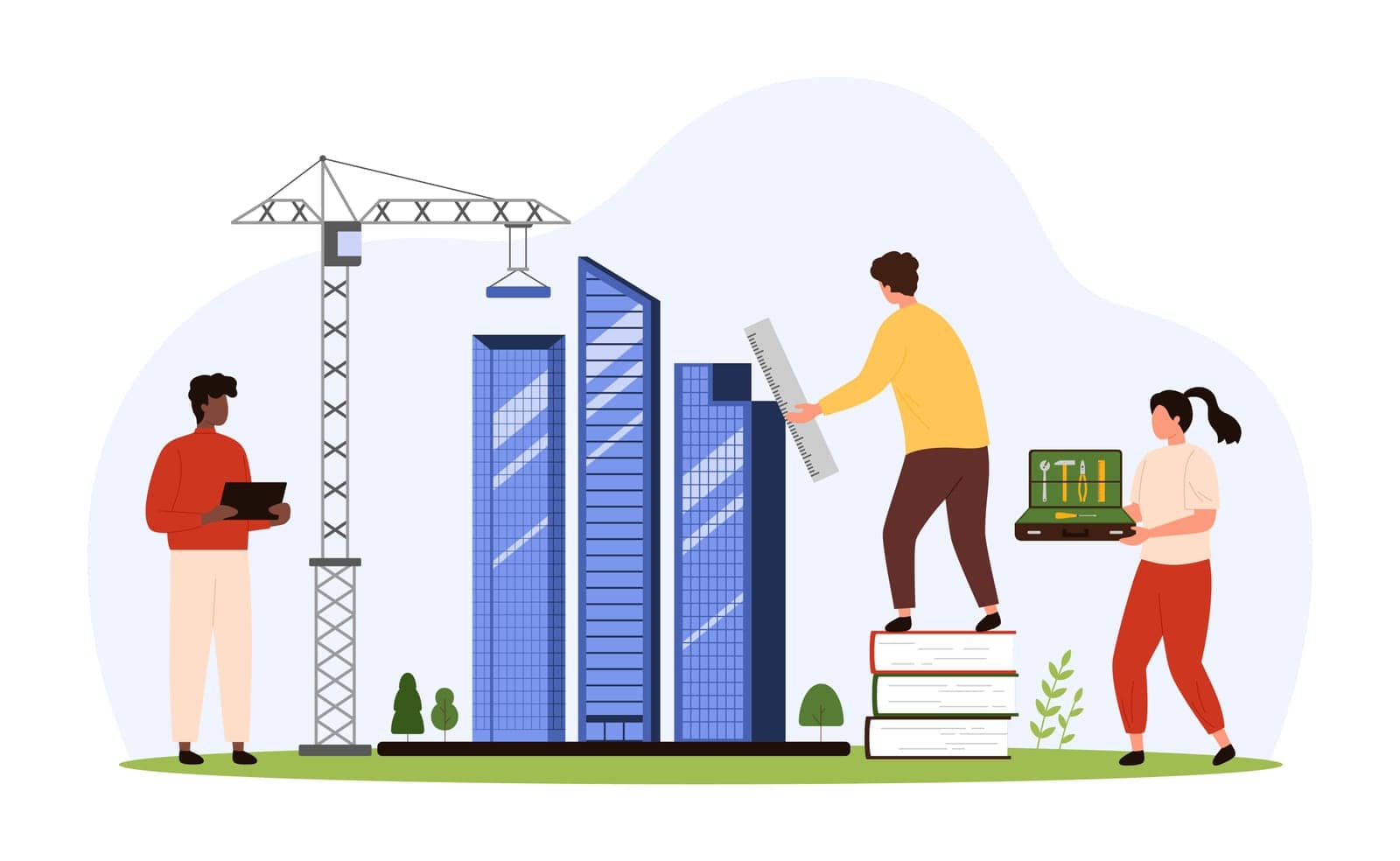 Construction project management, process of city architecture development and renovation. Engineers repair model of modern office building, corporate business towers cartoon vector illustration