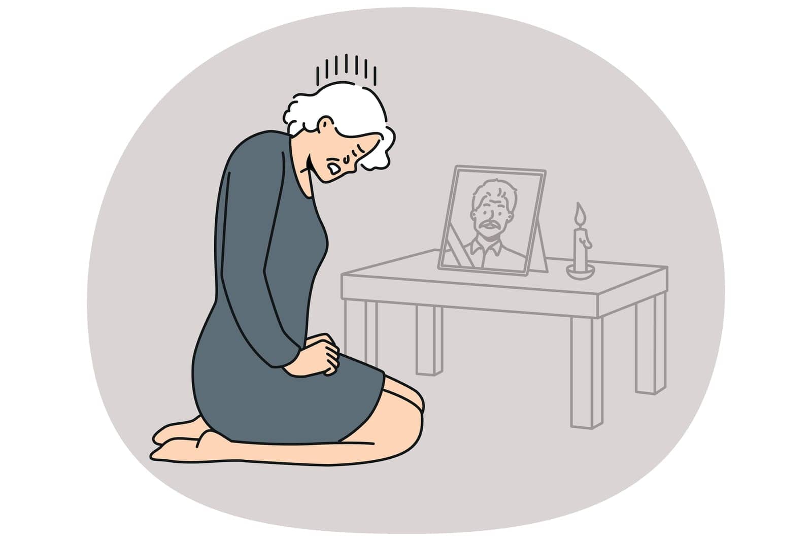 Desperate mature woman crying near husband portrait mourn after deceased spouse. Unhappy elderly grandmother grieve miss passed away grandfather. Vector illustration.