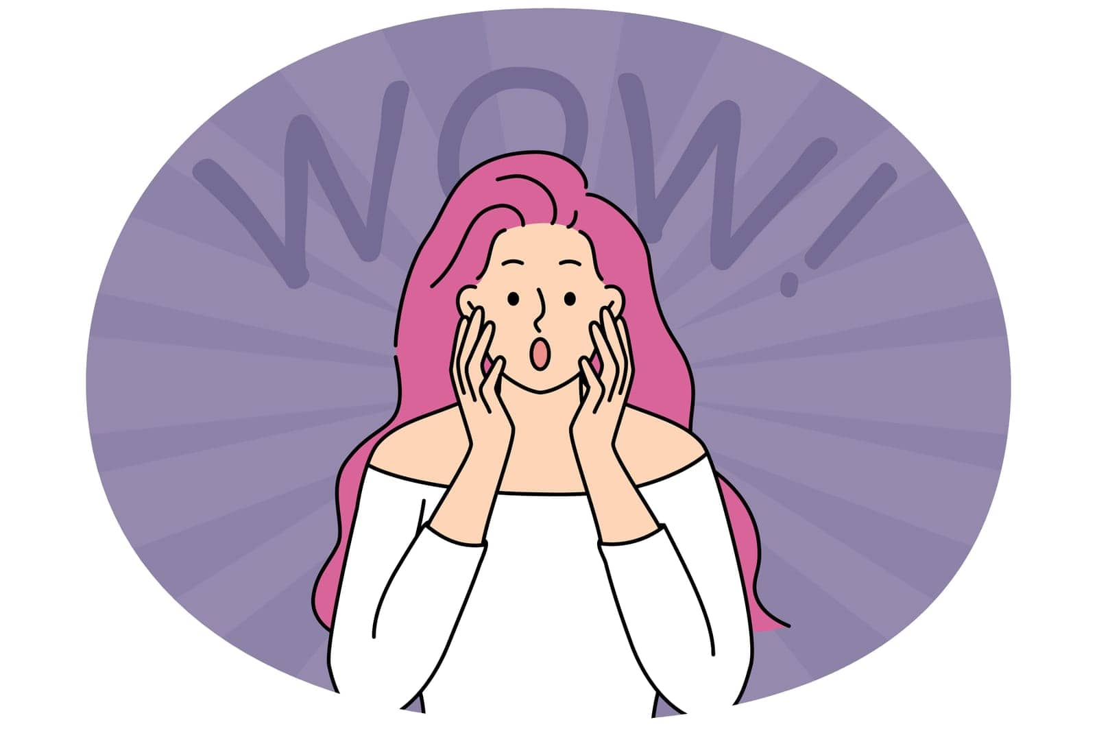 Stunned young woman with pink hair make facial expression feeling shocked and surprised. Amazed girl show wow gesture amazed with news. Vector illustration.