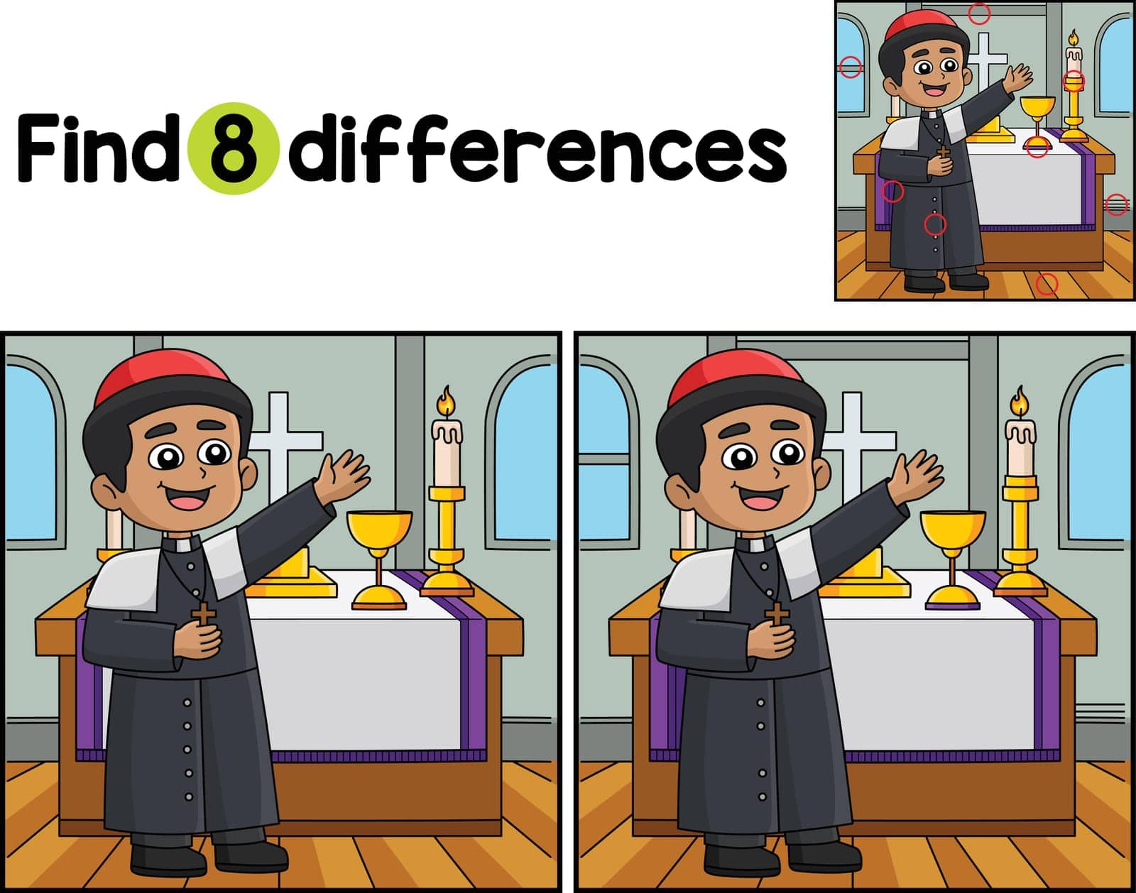 Find or spot the differences on this Christian Priest Kids activity page. A funny and educational puzzle-matching game for children.