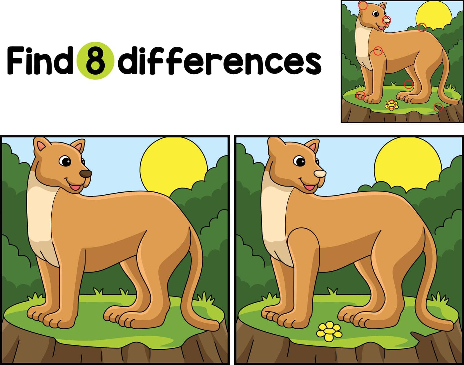 Find or spot the differences on this Puma Animal Kids activity page. A funny and educational puzzle-matching game for children.
