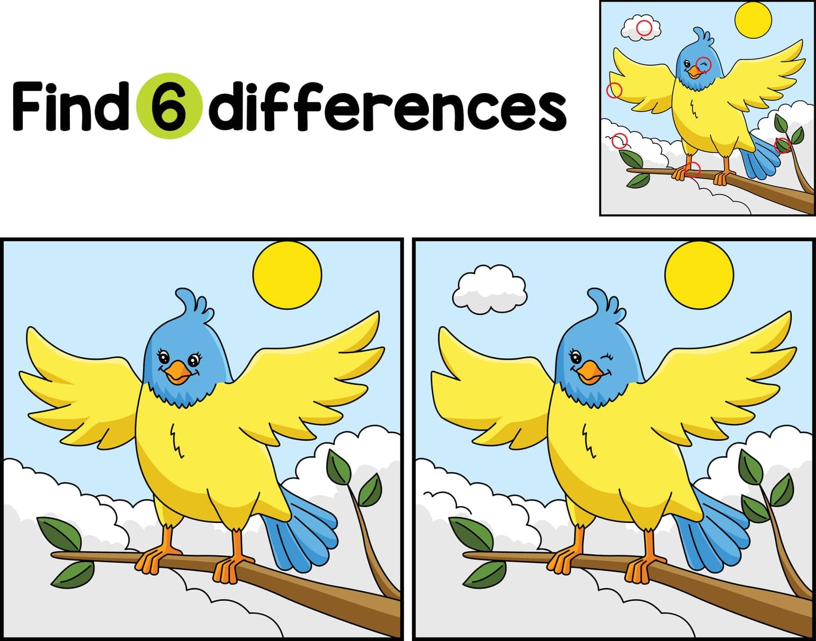 Find or spot the differences on this Bird Animal Kids activity page. A funny and educational puzzle-matching game for children.