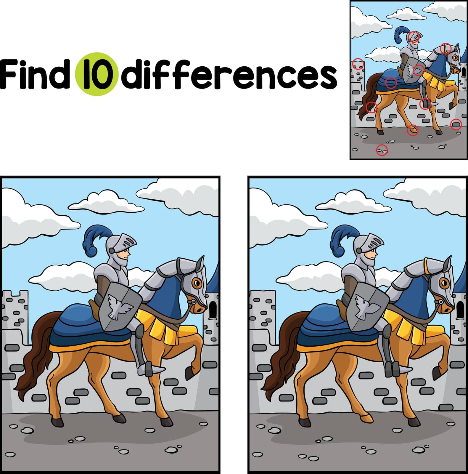 Find or spot the differences on this Knight on a Horse Kids activity page. A funny and educational puzzle-matching game for children.