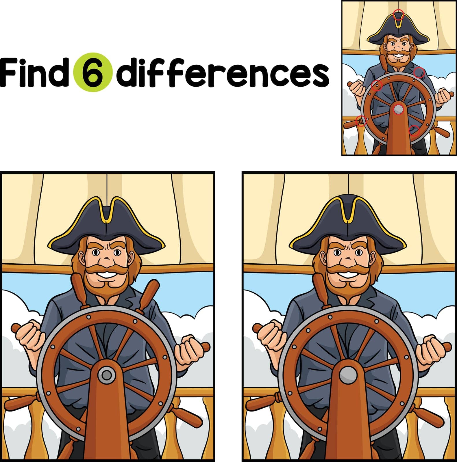 Find or spot the differences on this Pirate at the Helm Kids activity page. A funny and educational puzzle-matching game for children.