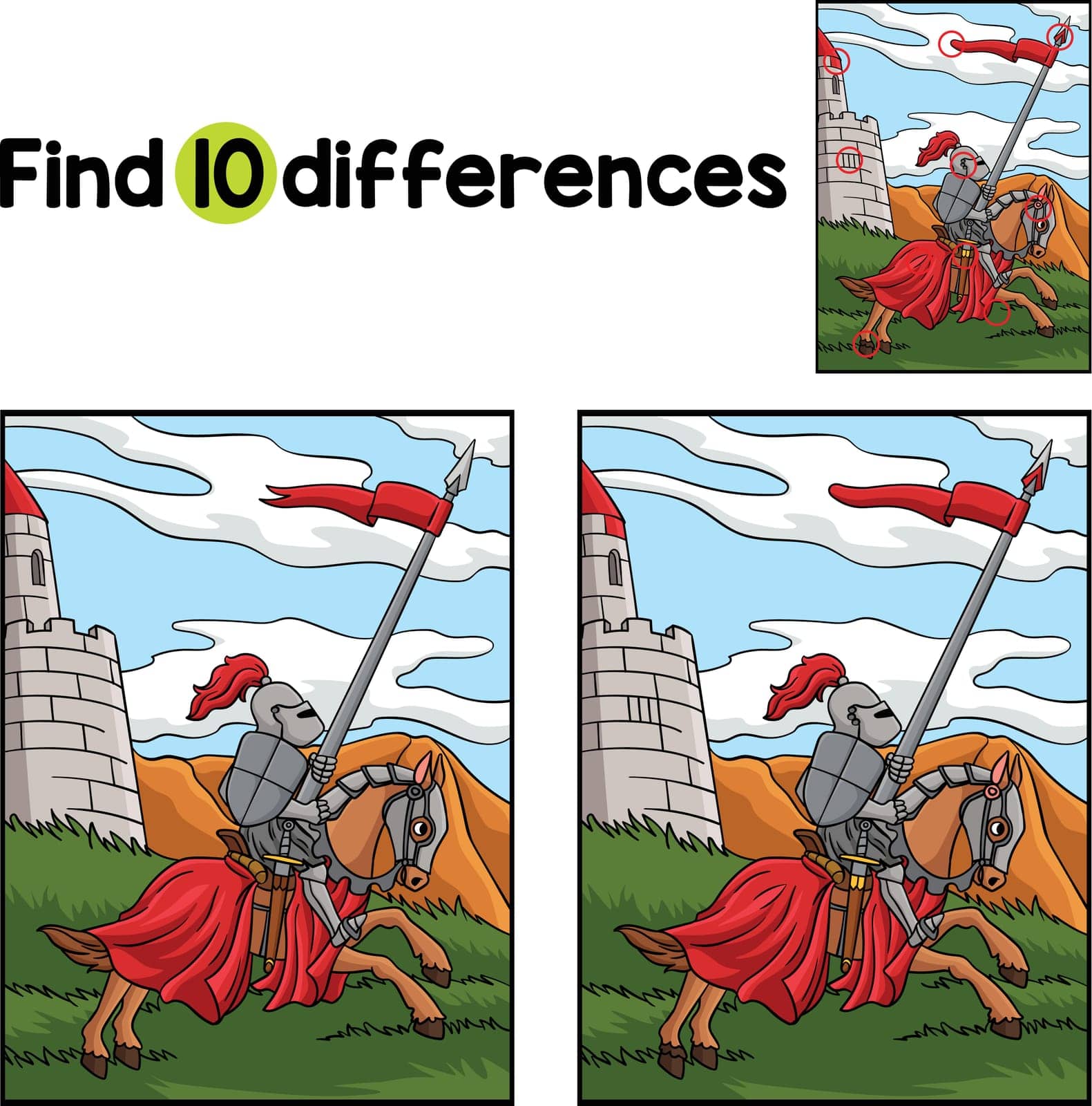 Find or spot the differences on this Knight Joust Kids activity page. A funny and educational puzzle-matching game for children.
