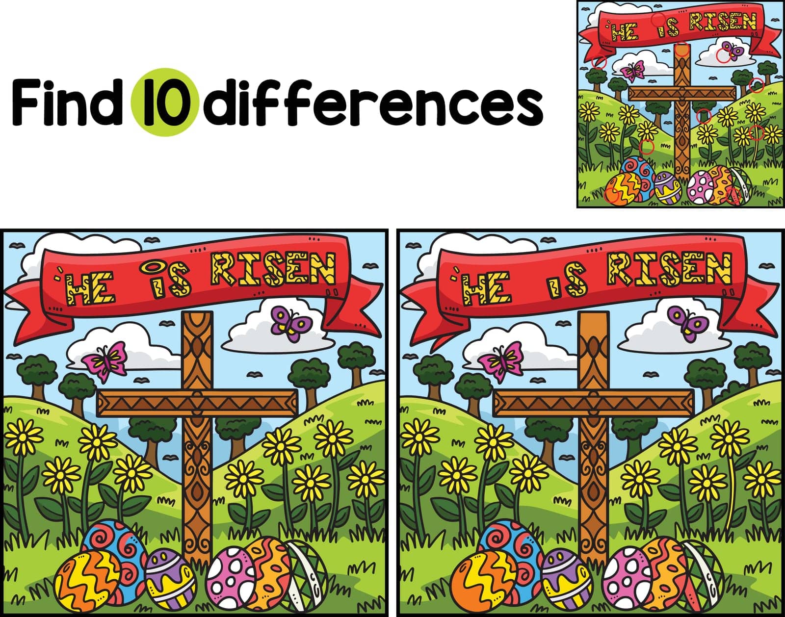 Find or spot the differences on this Christian He Is Risen kids activity page. A funny and educational puzzle-matching game for children.