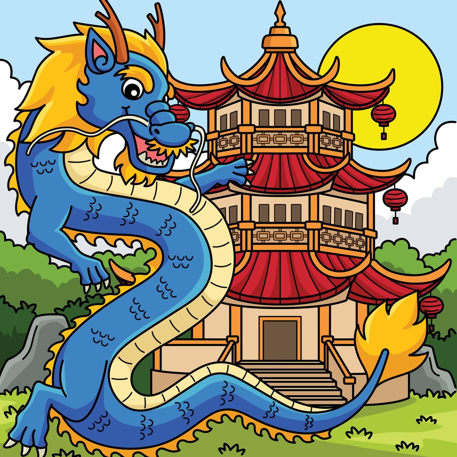 This cartoon clipart shows a Year of the Dragon with a Pagoda illustration.