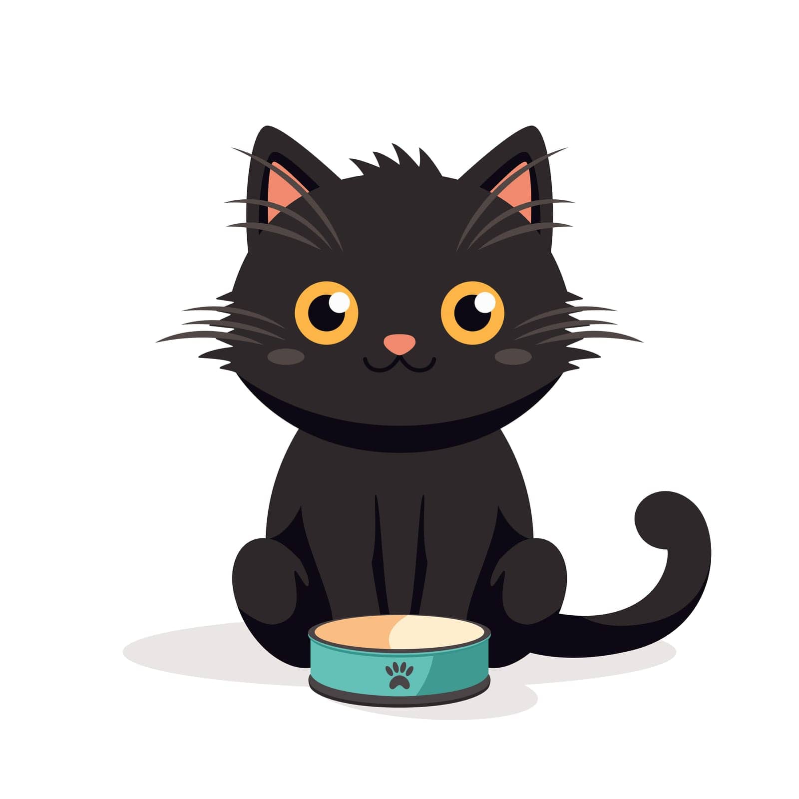 Vector Flat Black Cat with Pets Bowl. Cartoon Cat Icon Isolated. Black Cute and Funny Cat in Front View.