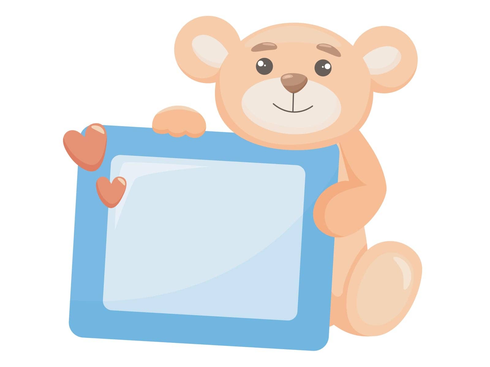 Teddy bear holding an empty photo frame cartoon style. Cute baby illustration with teddy bear and copy space, vector illustration