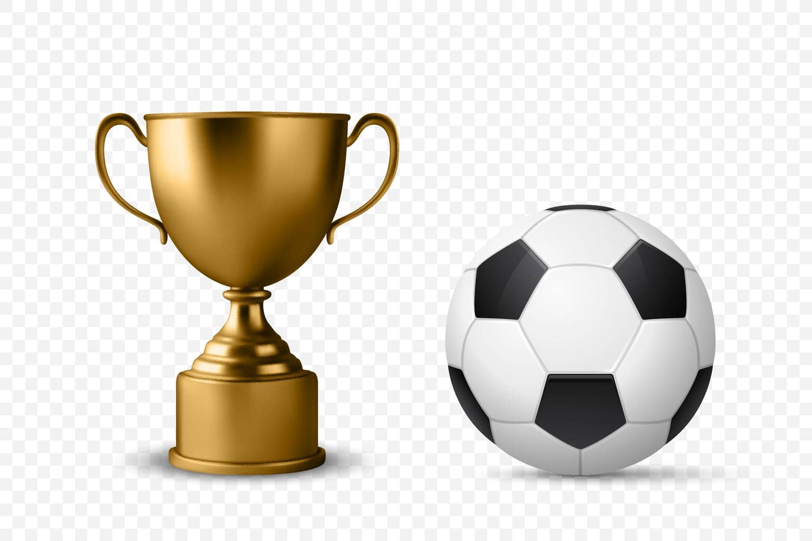 Realistic Vector 3d Blank Golden Champion Cup Icon with Soccer Ball Set Closeup Isolated. Design Template of Championship Trophy. Sports Awards and Victory Celebrations Concept.