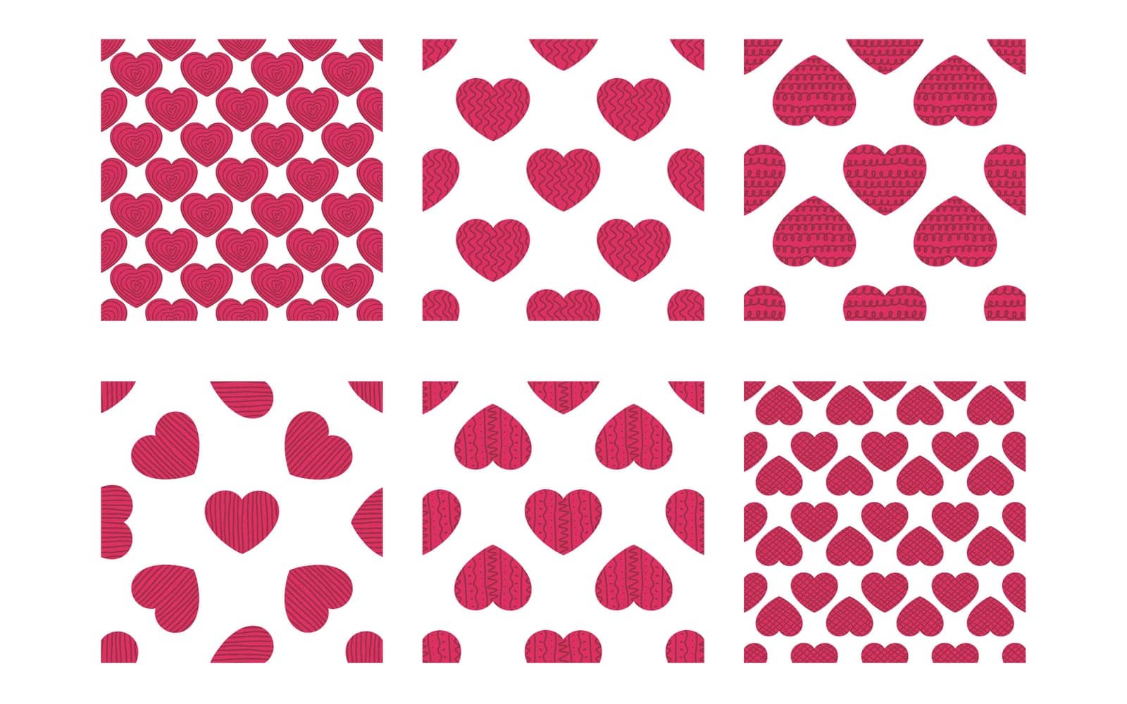 Romantic seamless pattern set. Hand drawn texture hearts background collection. Print for valentines day or wedding, vector illustration