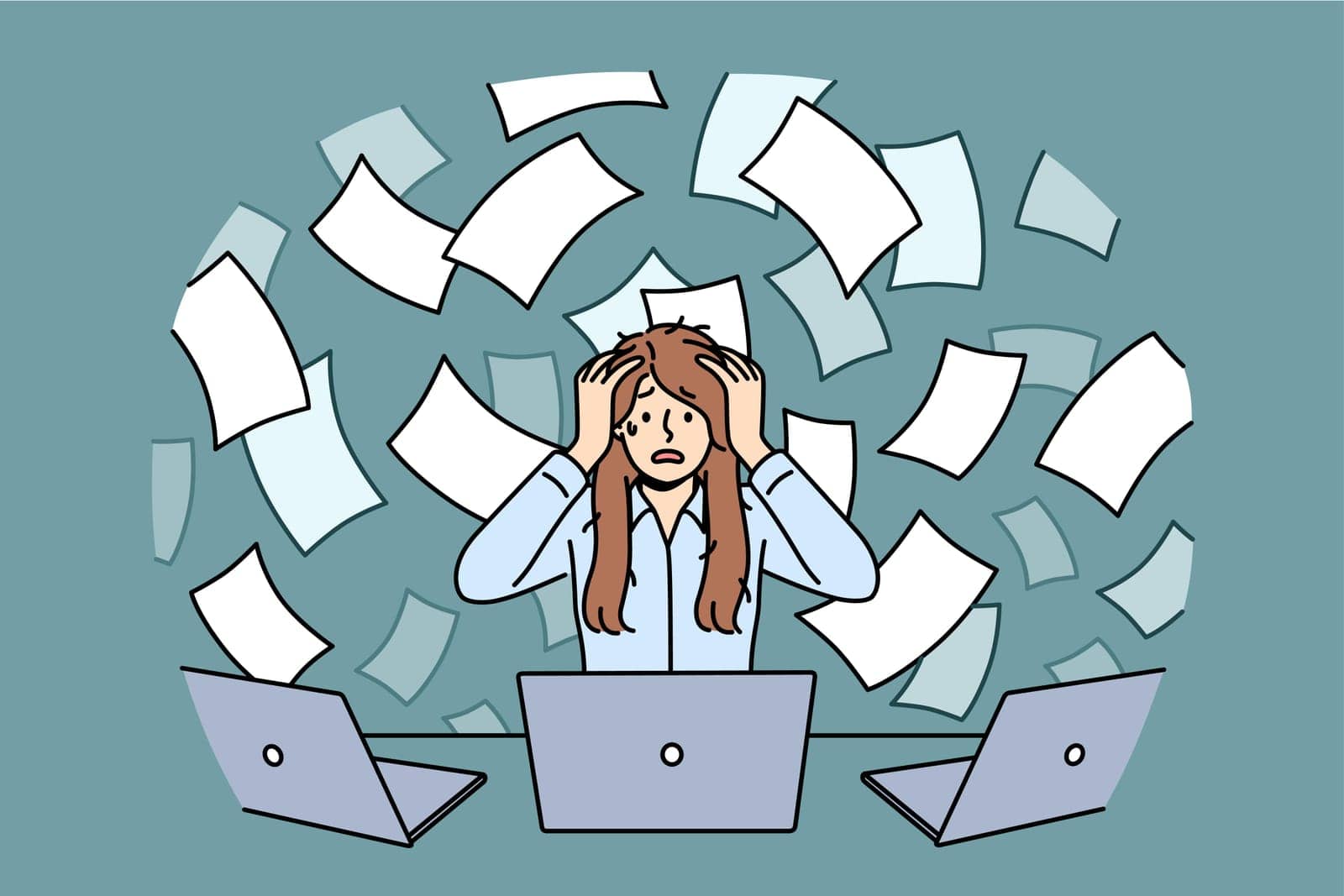 Overworked woman suffers from overload and clutches head sitting at table with laptops, among flying documents. Overworked secretary girl experiences stress and panic seeing volume of paperwork