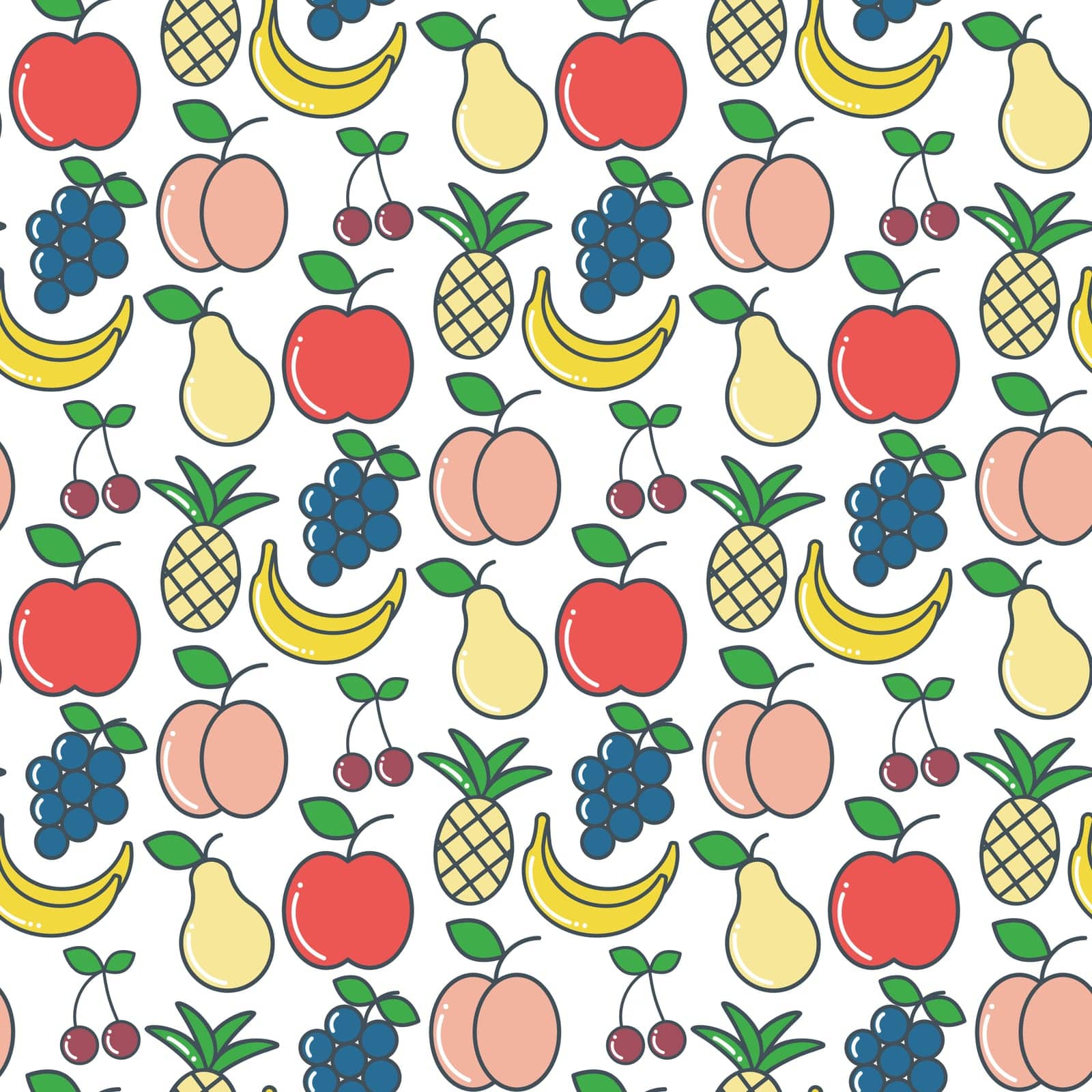 Tropical fruit background, vector illustration. Apple, peach, pineapple, banana, pear, grapes, cherry seamless pattern. Healthy organic food print flat line icon style