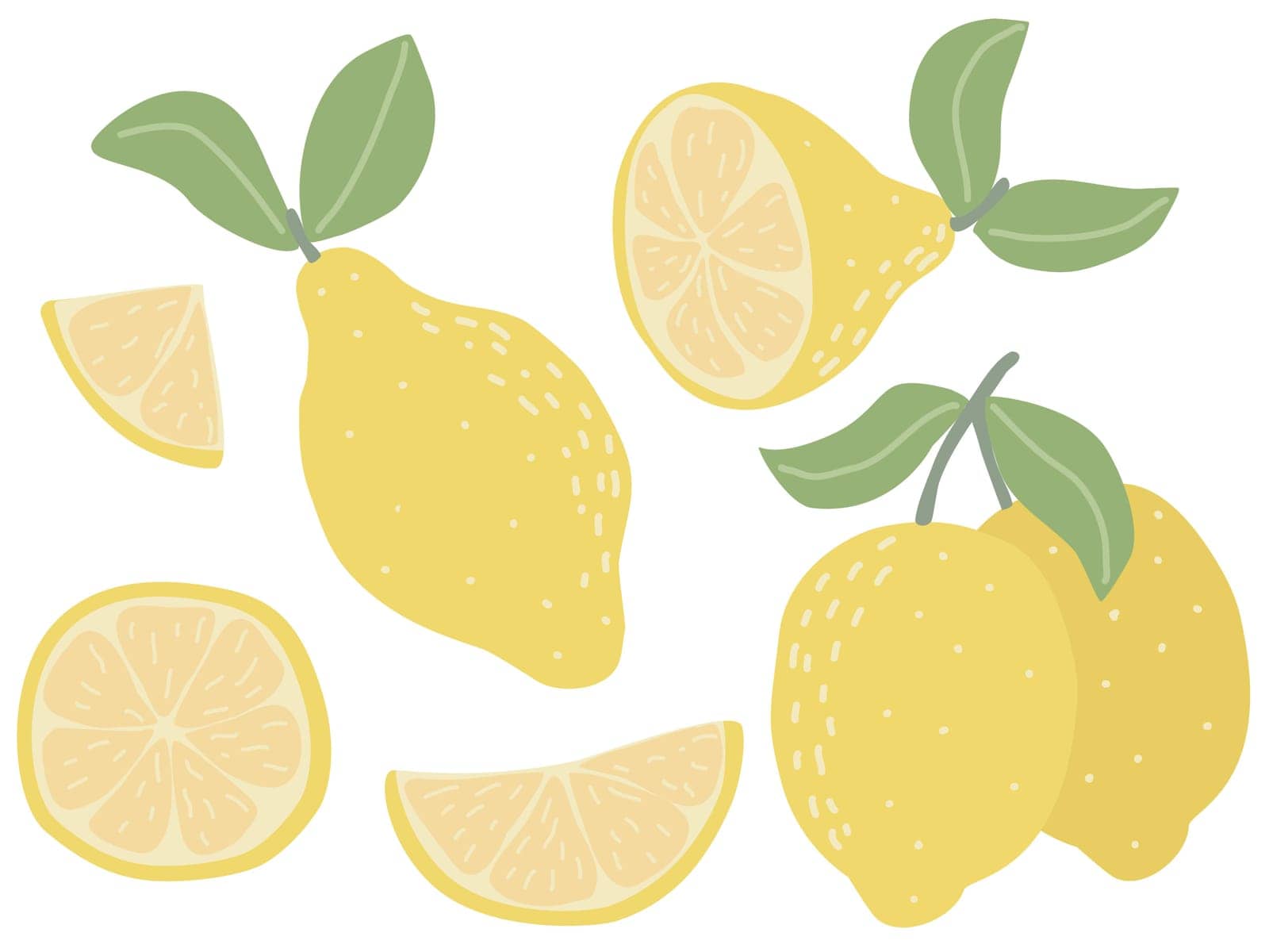 Modern set of lemons isolated on white background. Abstract hand drawn citrus fruits clip art. Whole lemon, fruit on branch, lemon slice, flat illustration, vector