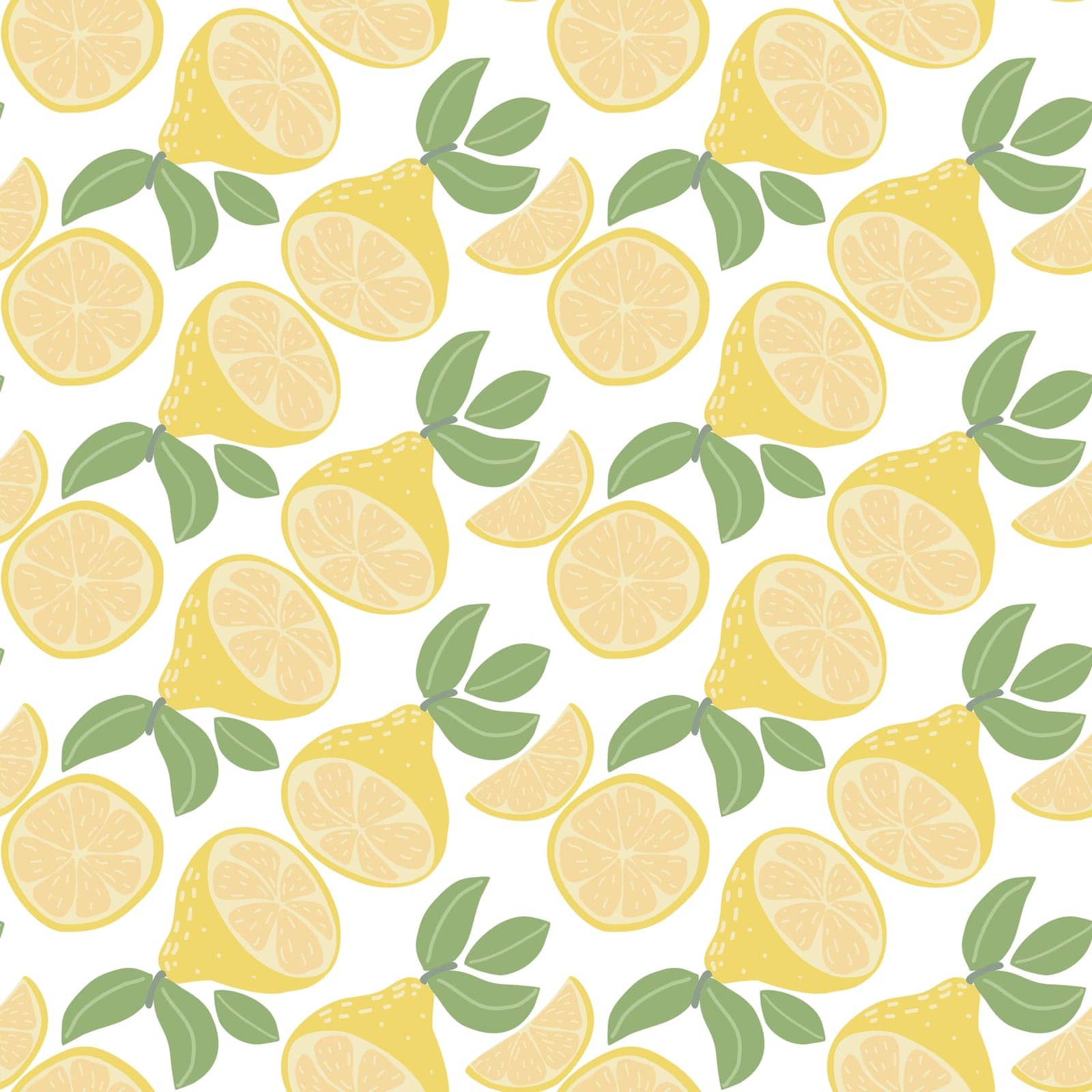 Botanical citrus seamless pattern vector illustration. Lemons and foliage background. Exotic fruit yellow print for textile, packaging, design