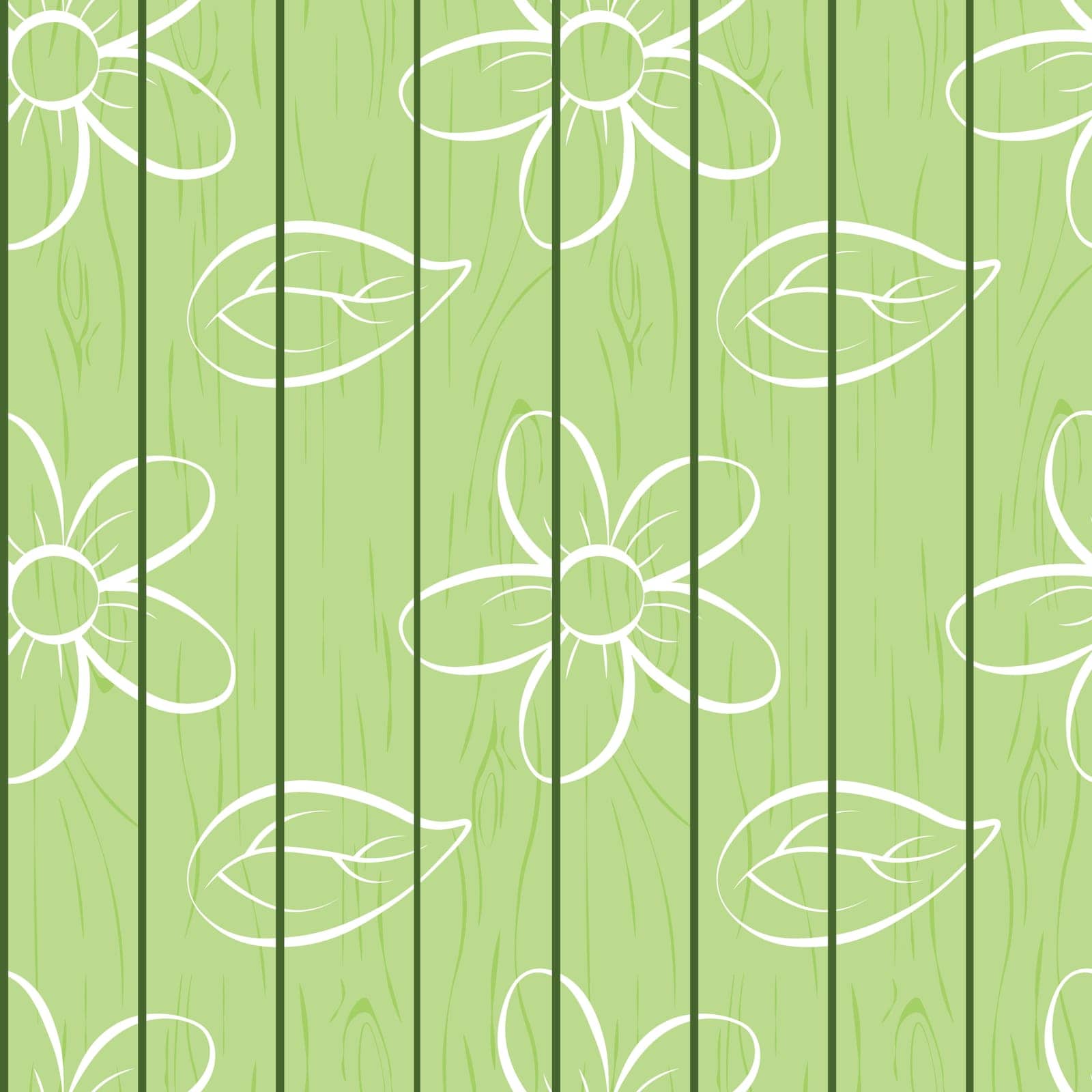 Flowers on the board pattern. Seamless pattern with the image of flowers and leaves hand-painted on the fence. Sketch on a green background. Floral pattern. Vector illustration.
