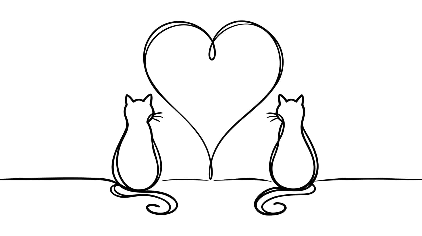 One line continuous cats and heart symbol. Line art love banner concept. Hand drawn, outline vector illustration.