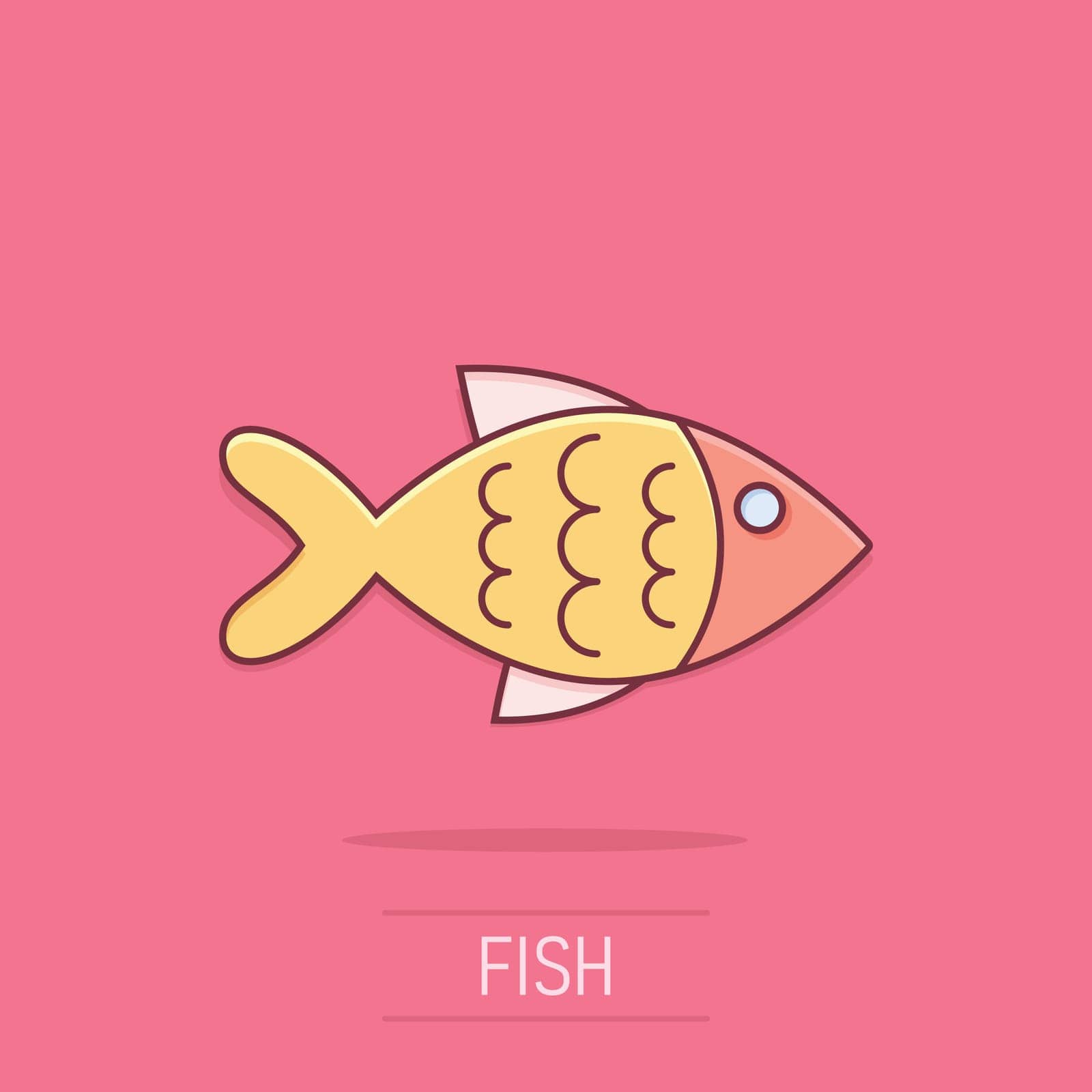 Fish sign icon in comic style. Goldfish vector cartoon illustration on isolated background. Seafood business concept splash effect.