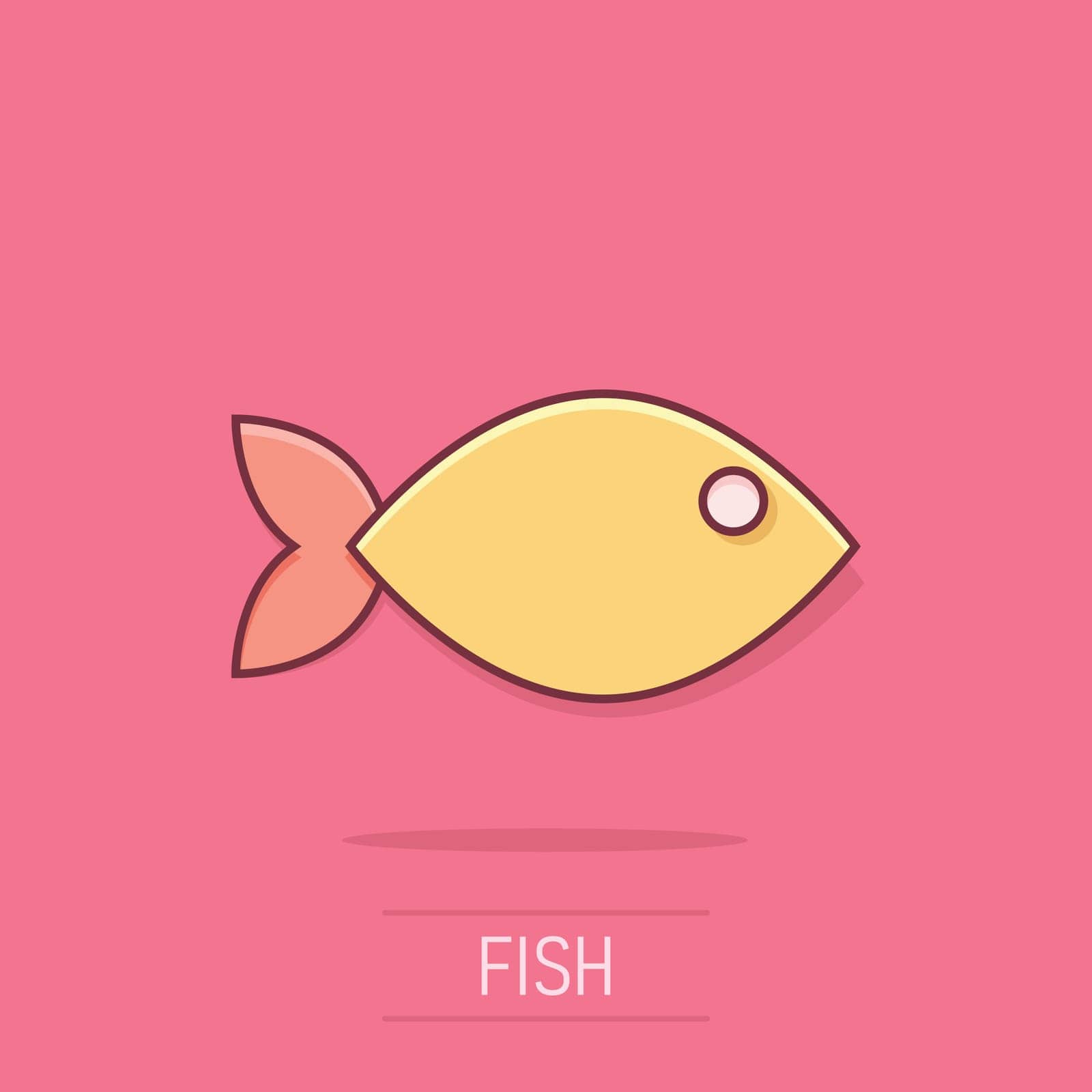 Fish sign icon in comic style. Goldfish vector cartoon illustration on isolated background. Seafood business concept splash effect.