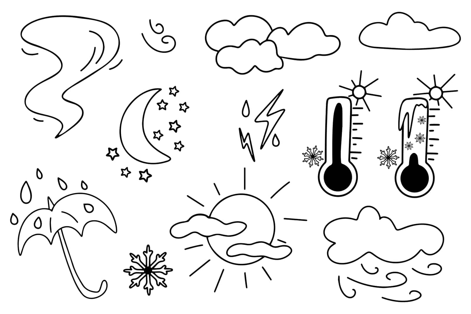 Set of icons for the weather forecast in the doodle style. Simple hand-drawn weather icons. Black and white doodles of sunny, rainy, foggy, cloudy, windy weather and thunderstorms