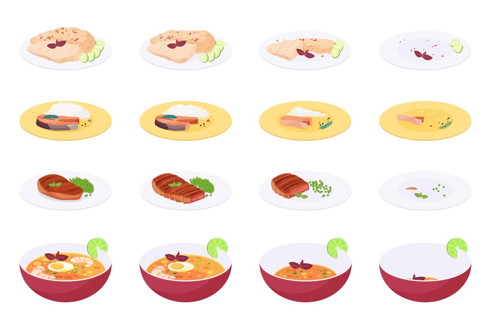 Eaten dinner food set, sequence game animation. Animated stages of eating portion of healthy dishes, plates of meat and fish steak served with garnish, bowl of shrimp soup cartoon vector illustration