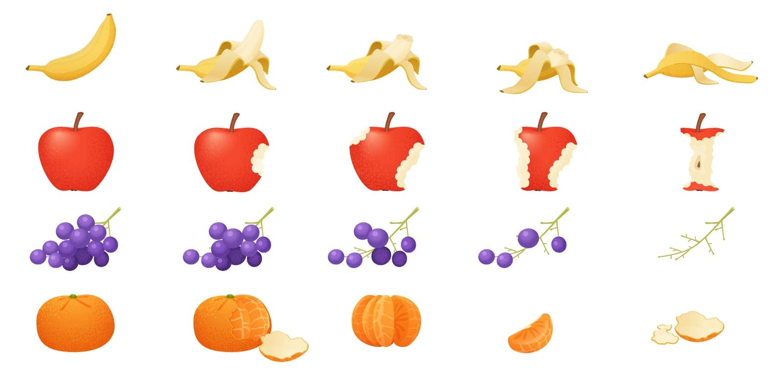 Eaten fruits set, sequence game animation of bitten food. Animated steps of eating banana with peel from whole to disappear, red apple and grapes on branch, tangerine cartoon vector illustration