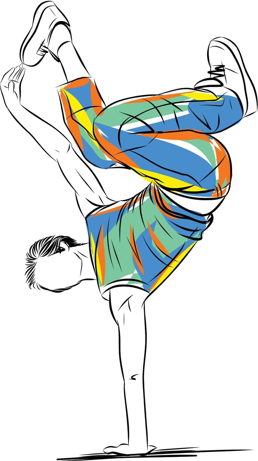 Man dancer do hip hop breakdance hand stand vector illustration. Dancer perform hiphop. Performer in freestyle street dance. Modern, contemporary movements for urban party.