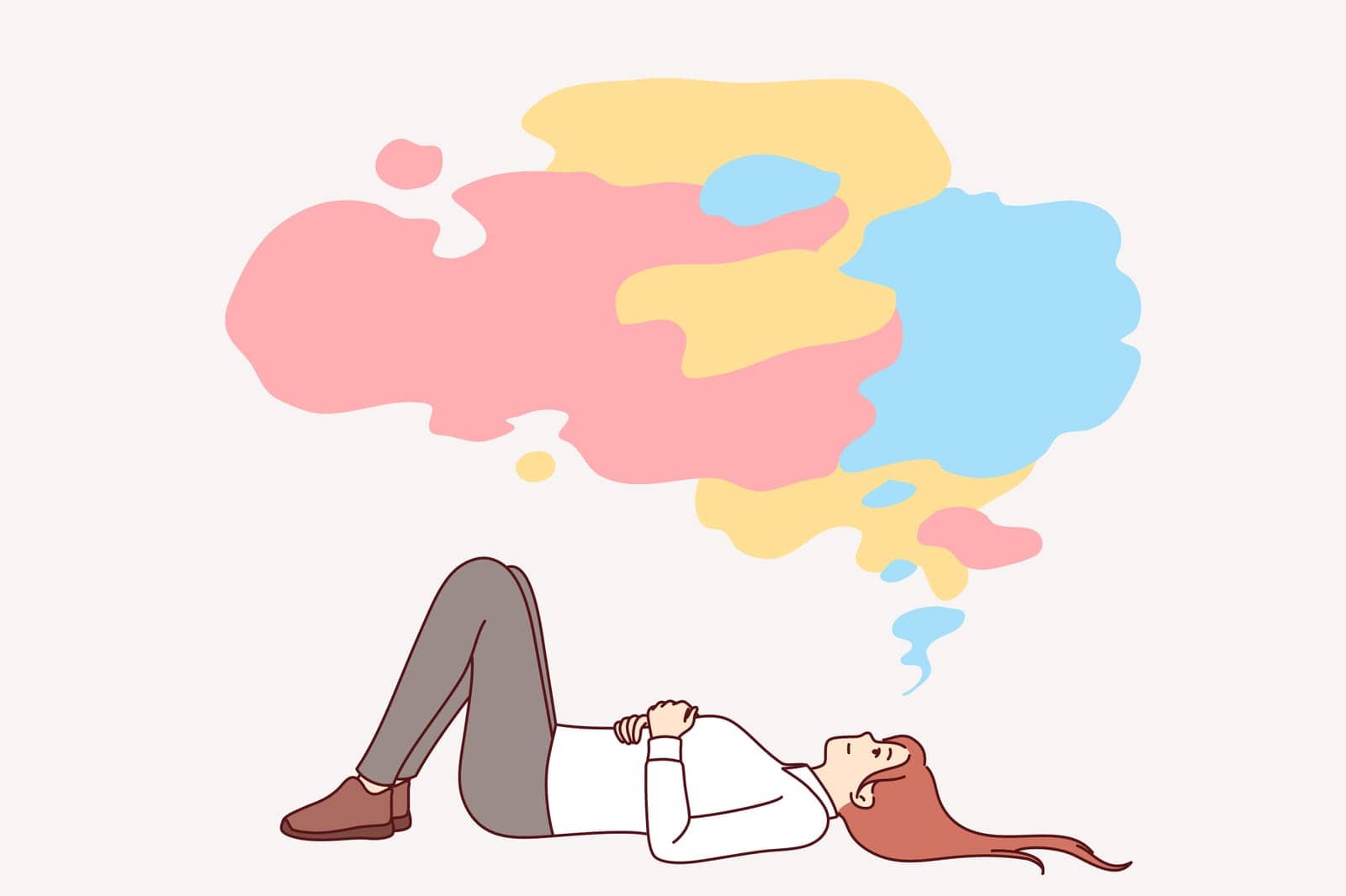 Business woman procrastinates lying on back under multi-colored cloud and not wanting to working by Vasilyeva