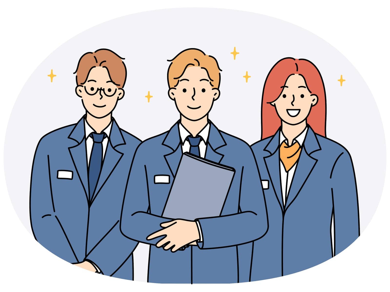 Smiling administration staff in uniform standing together showing unity and leadership. Happy receptionists meet welcome new client. Hotel personnel. Vector illustration.