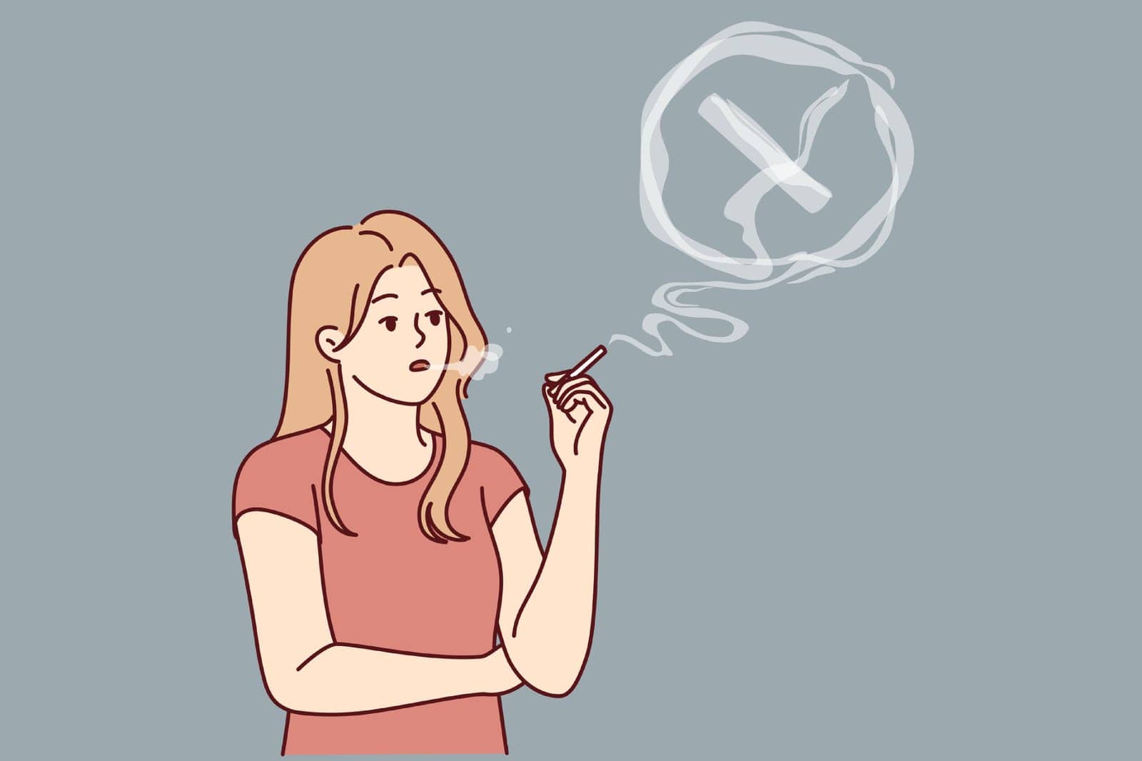 Woman smokes cigarettes, releasing smoke into lungs and risks getting cancer due to bad habit. Girl smokes tobacco and nicotine, which negatively affects health or undermines human immunity.