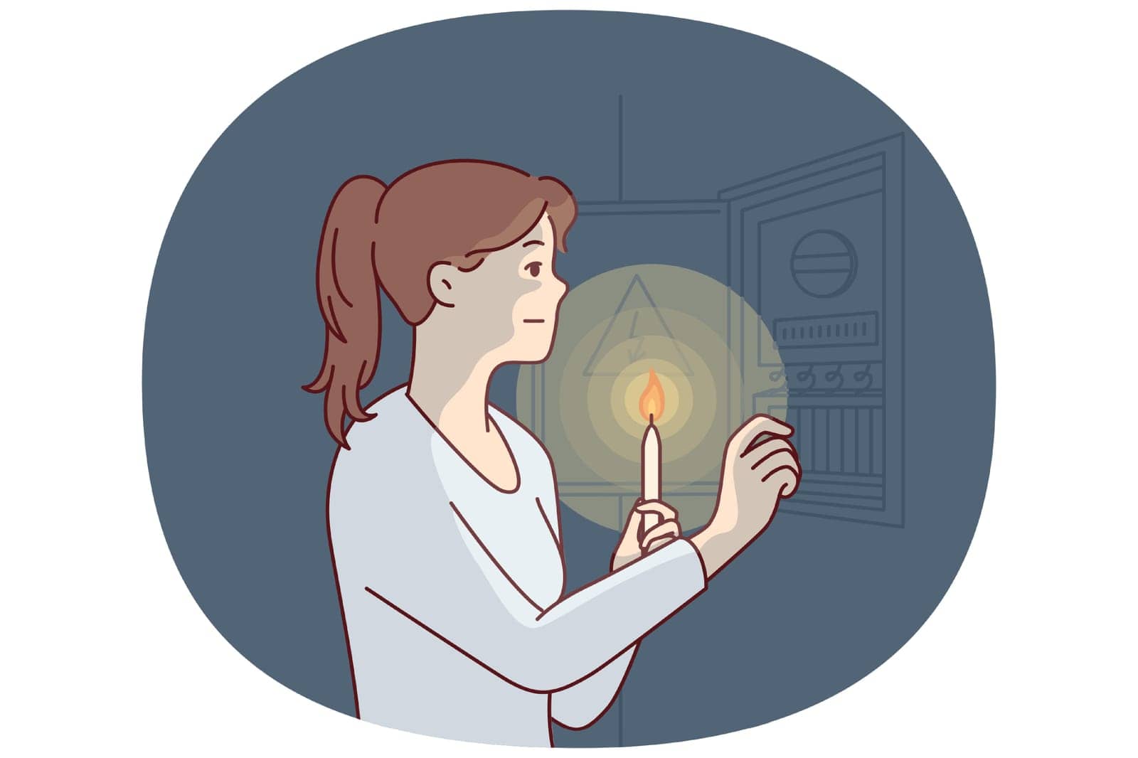 Independent woman with burning candle approaches power shield to find out reason for energy outage. Girl restores electrical wiring with own hands after loss of electricity. Flat vector illustration