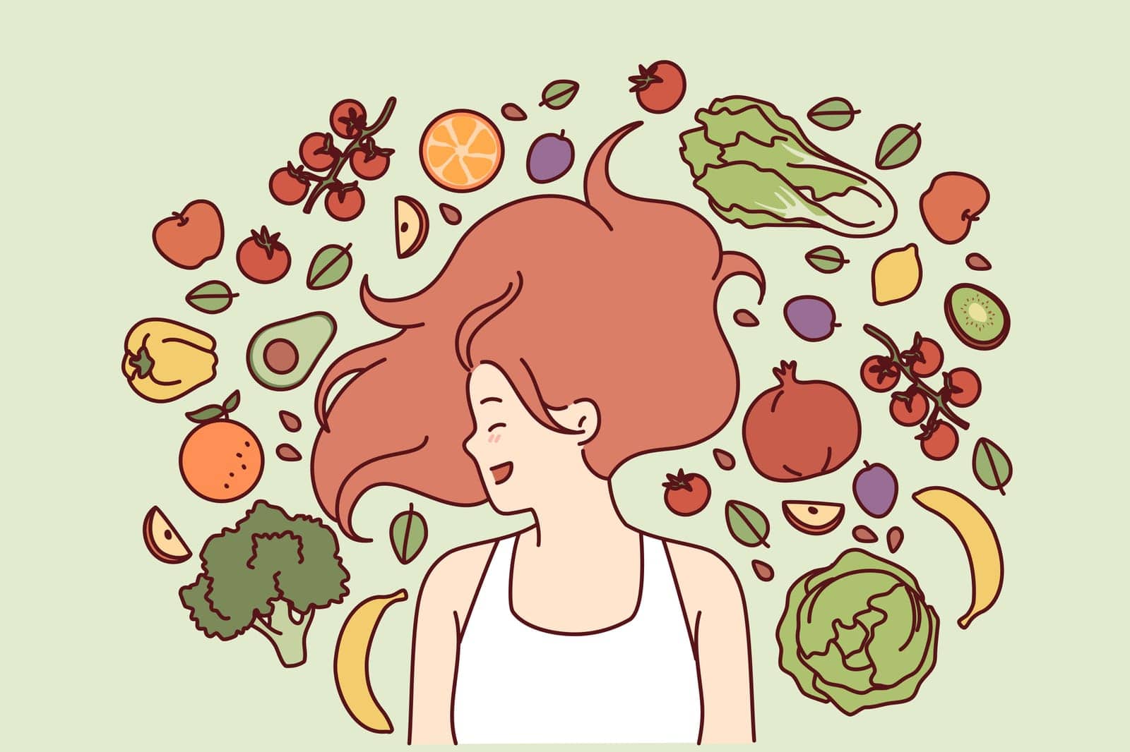 Vegetarian woman lies among fresh fruits and vegetables, rejoicing at opportunity to eat organic food. Vegetarian girl with fluffy hairstyle comes up with recipe for new salad from farm ingredients