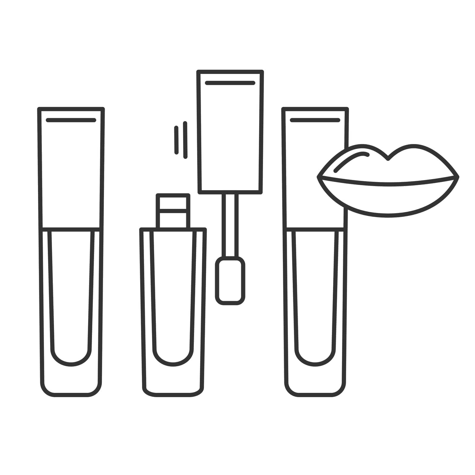 Lip gloss line art icon. Set of separate tube and brush. Closed, Opened Lip Gloss, Lipstick Package.Lips makeup and cosmetology vector icon.Editable vector illustration eps10