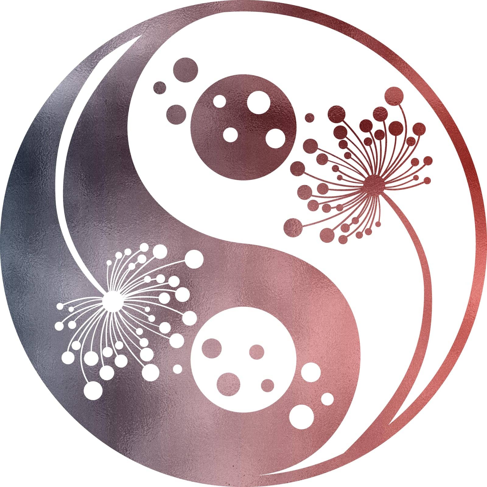 yin yang with dandelion in rose grau foil texture with transparent background