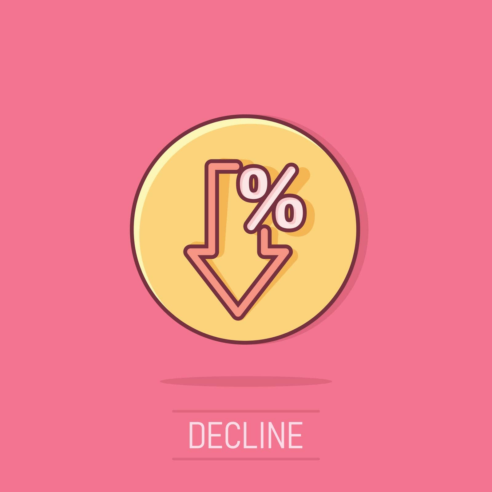 Decline arrow icon in comic style. Decrease cartoon vector illustration on isolated background. Revenue model splash effect business concept.