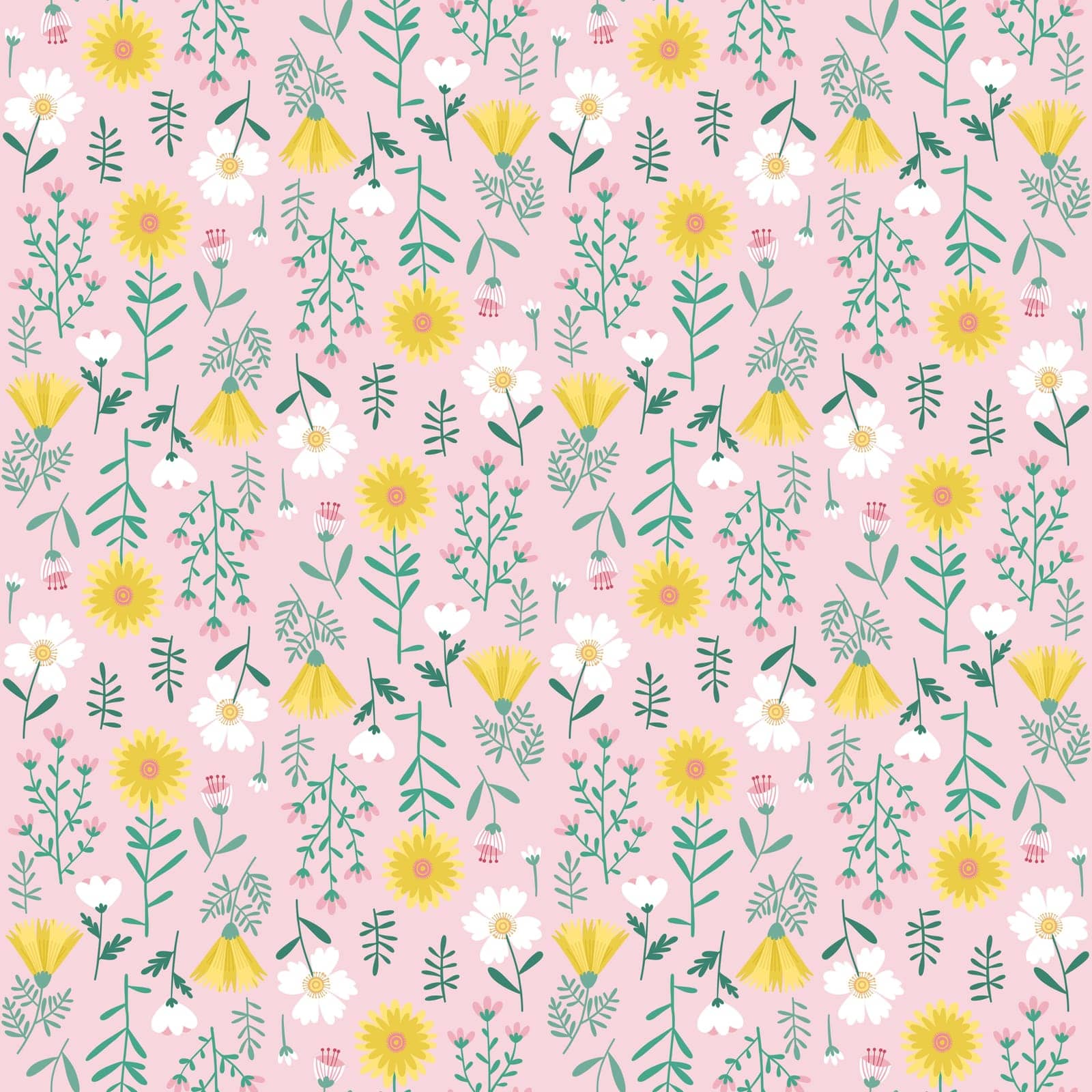 Floral Seamless Pattern of White, Pink, Yellow Flowers on Light Pink Backdrop. Wallpaper Design for Textiles, Fabrics, Decorations, Papers Prints, Fashion Backgrounds, Wrappings Packaging.