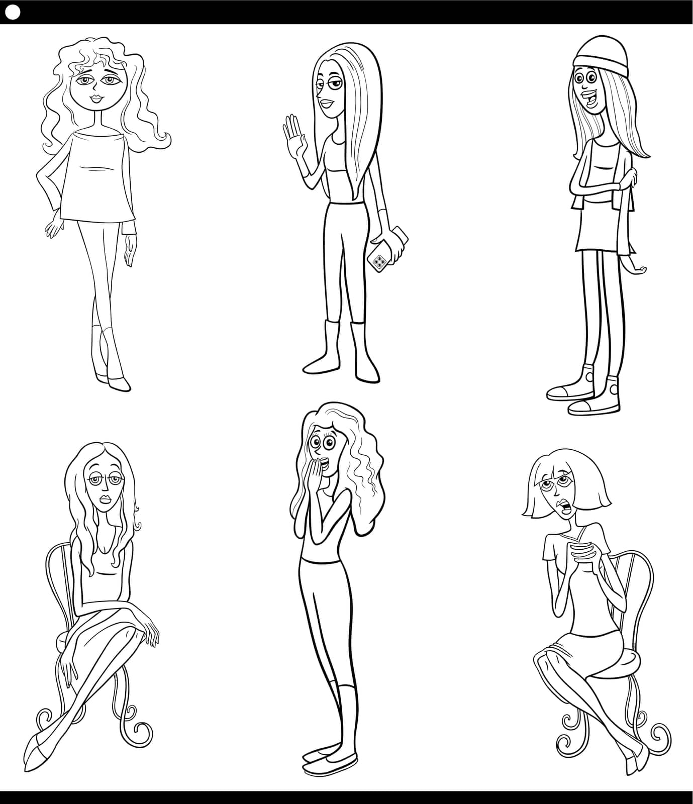 Black and white cartoon illustration of funny young women characters caricature set coloring page
