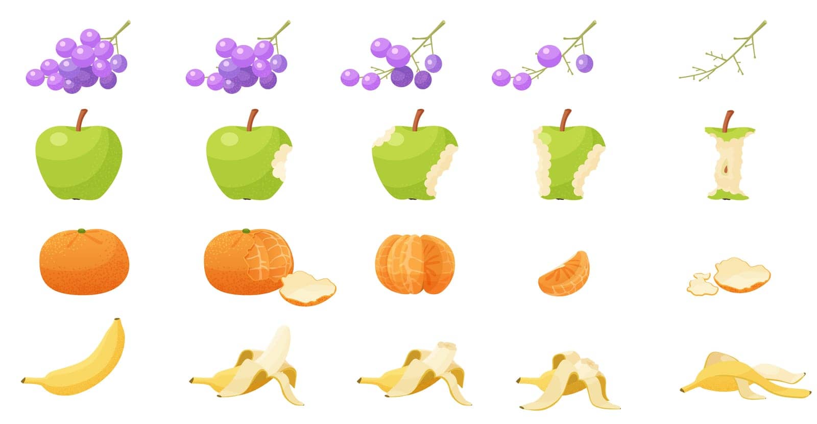 Animated steps of eating banana with peel from whole to disappear, red apple and grapes on branch, tangerine flat vector illustration. Eaten fruits set, sequence game animation of bitten food.