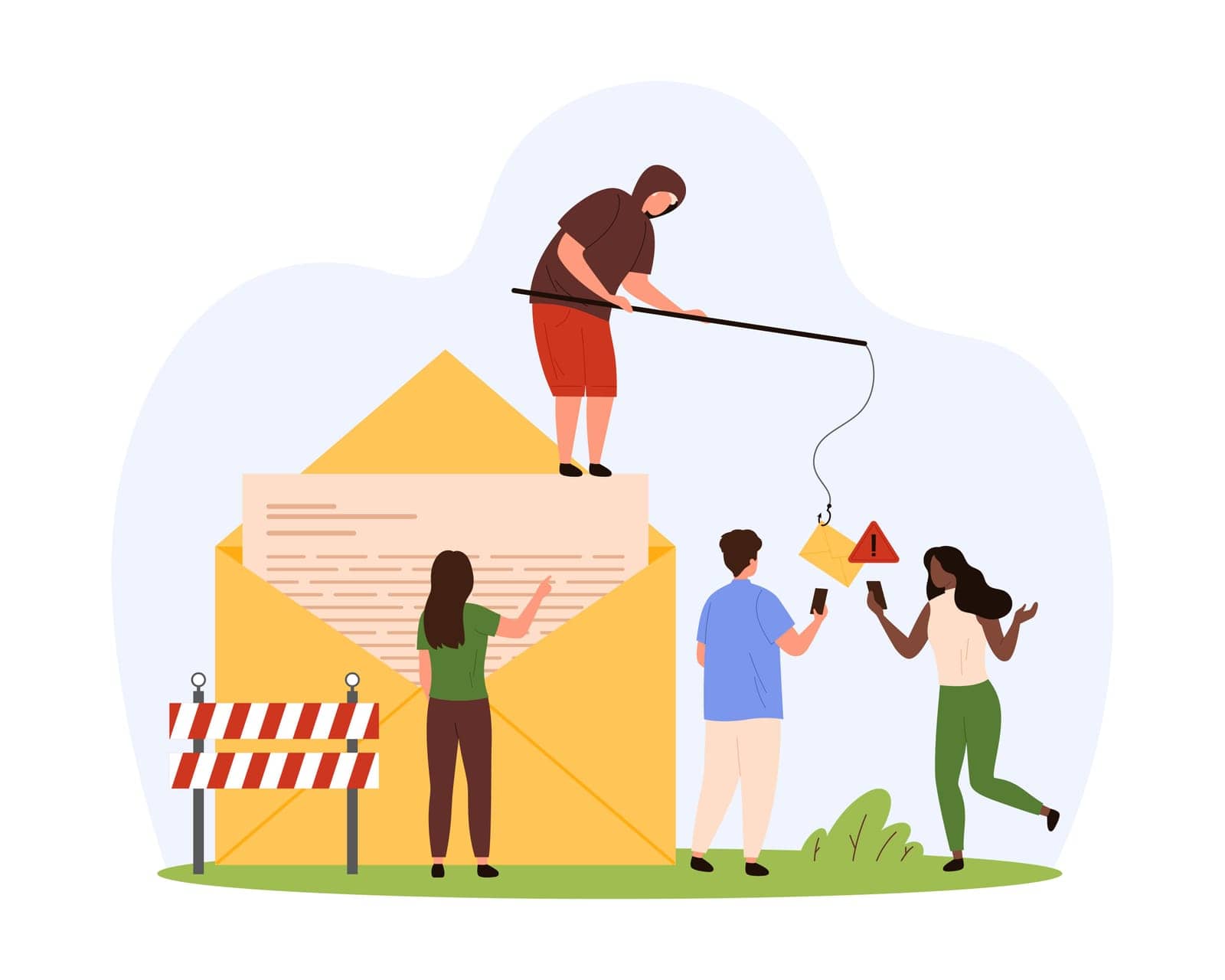 Fraud, scam and phishing with emails. Tiny thief sitting on giant open envelope to catch letter on fishing rod hook, people protect personal documents from cyber theft cartoon vector illustration