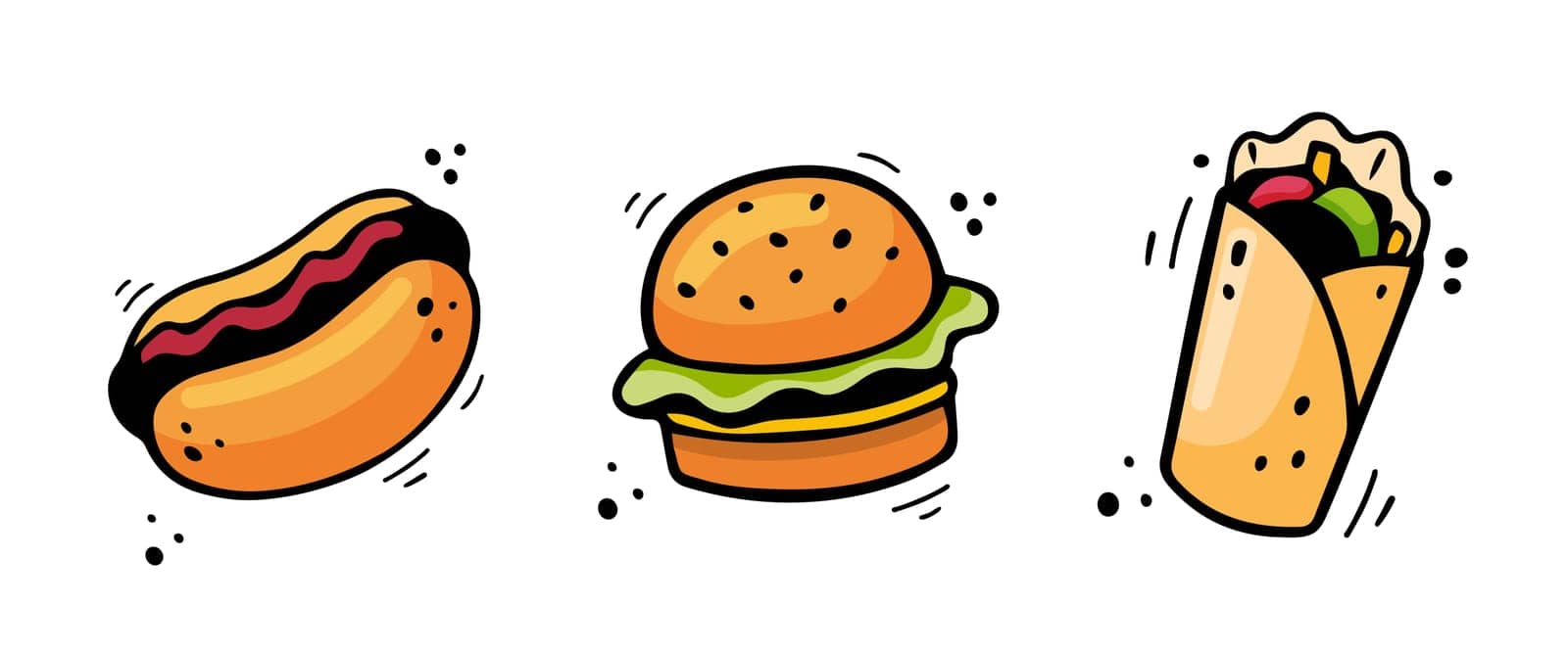 Hand drawn fast food icons. Sketch of Hot dog, Hamburger, Doner Kebab. Fast food illustration in doodle style. by KateArtery19