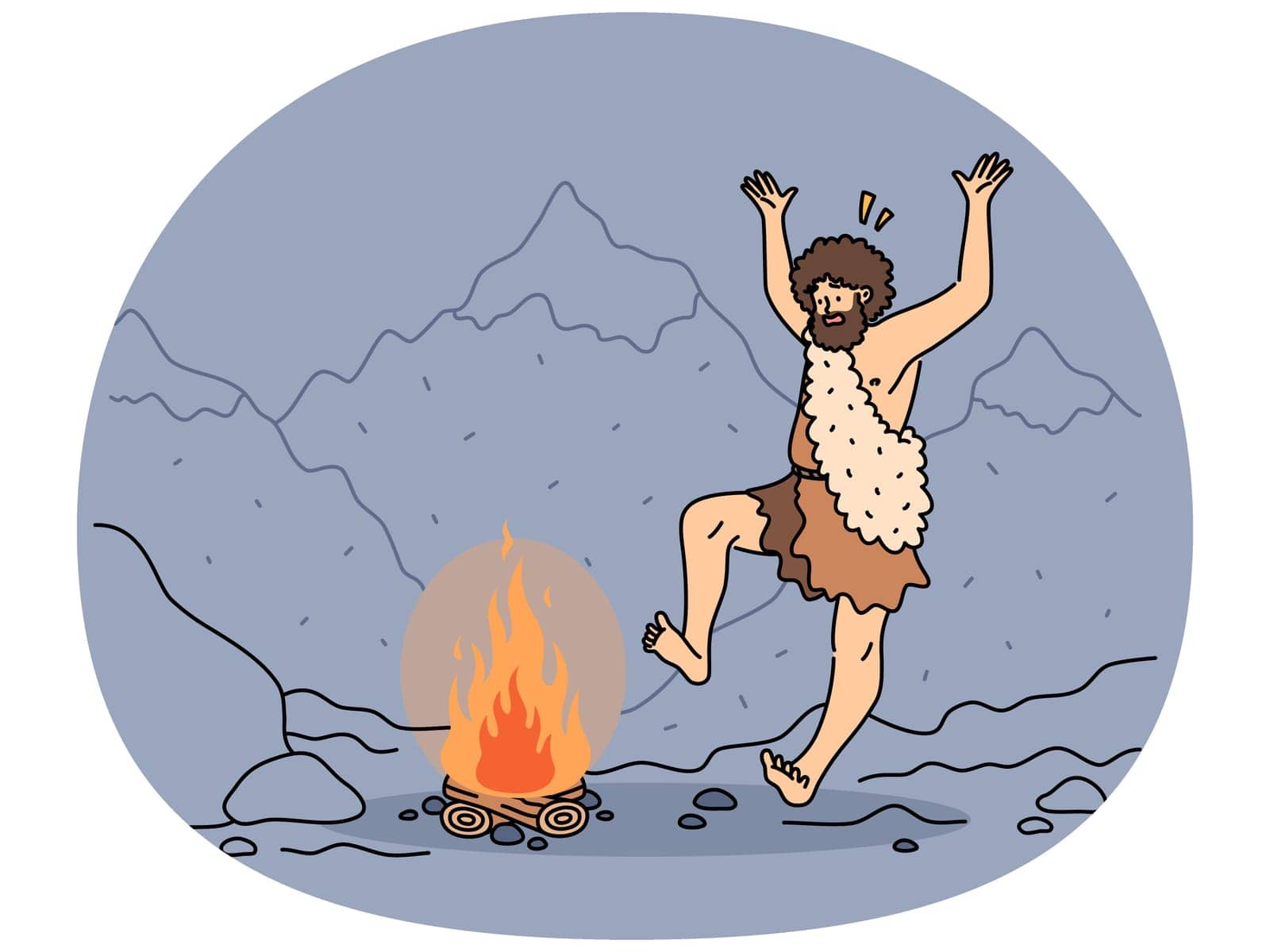 Indigenous man dancing near fire in nature. Tribal male ancestor near campfire in mountains landscape. Vector illustration.