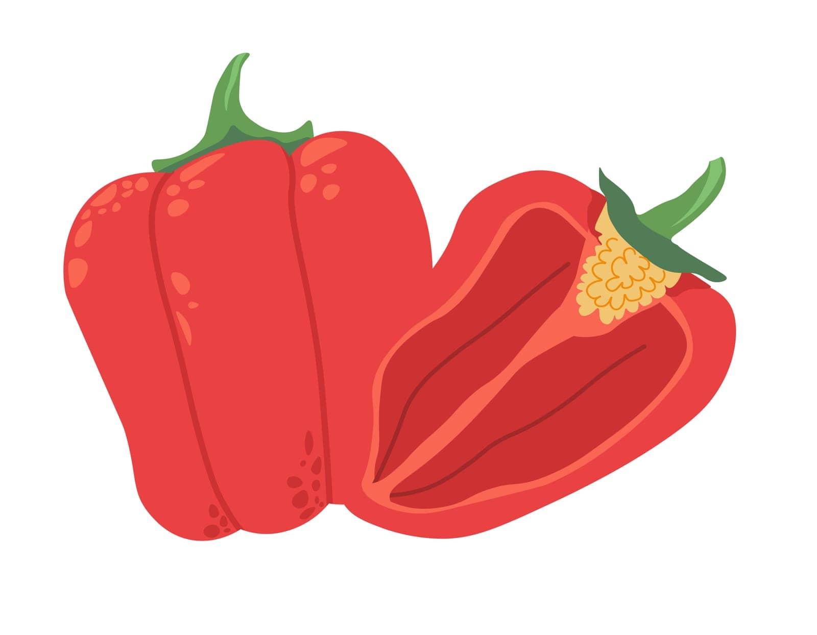 Fresh vegetable, isolated whole and half cut bell pepper with seeds. Sweet paprika with stem. Market or shop, organic and natural food for balanced dieting and healthy eating. Vector in flat style