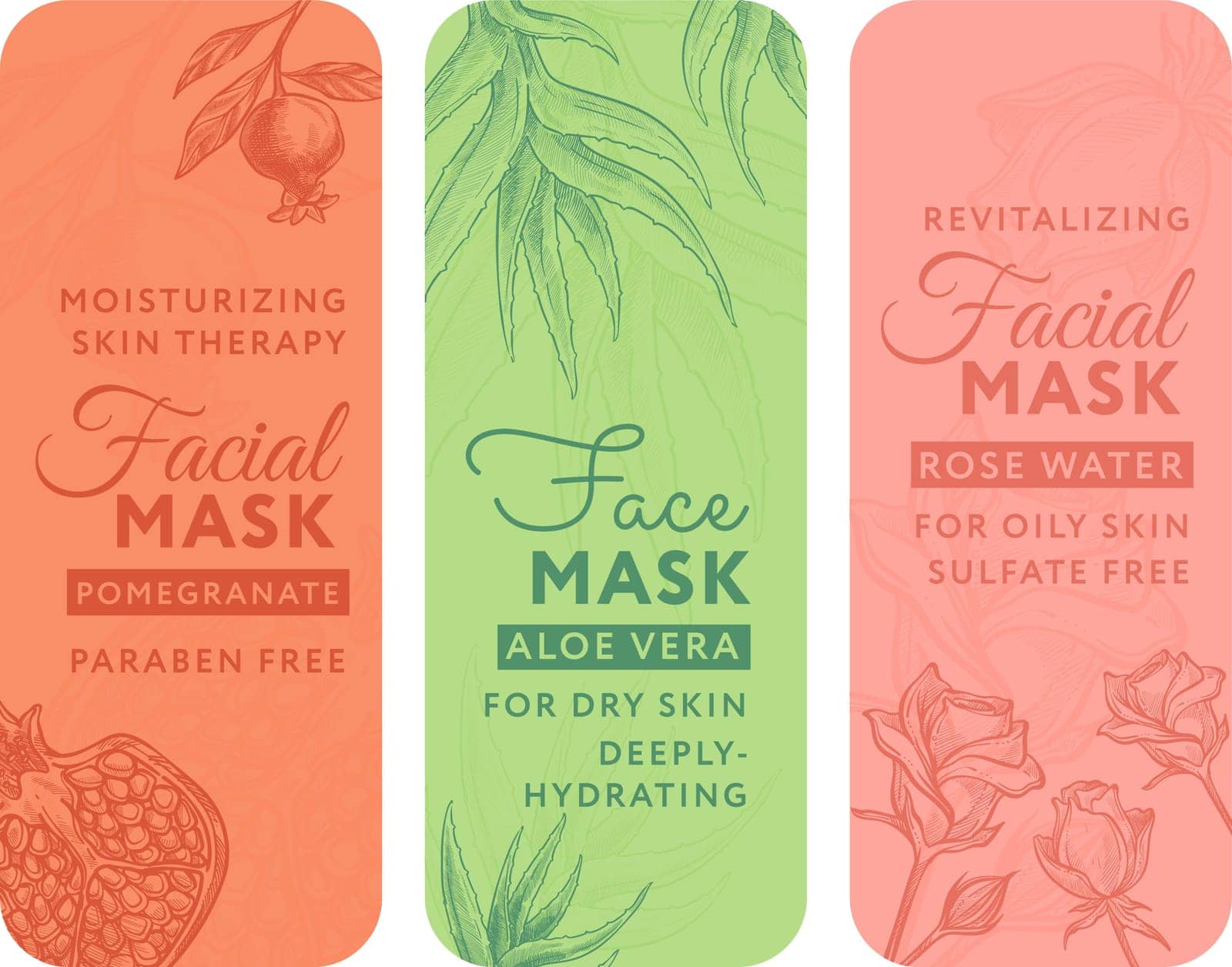 Collection of emblems for natural cosmetics for facial skin care. Moisturizing therapy with pomegranate, aloe vera mask, rose water. Promo banner or advertisement, product label. Vector in flat style