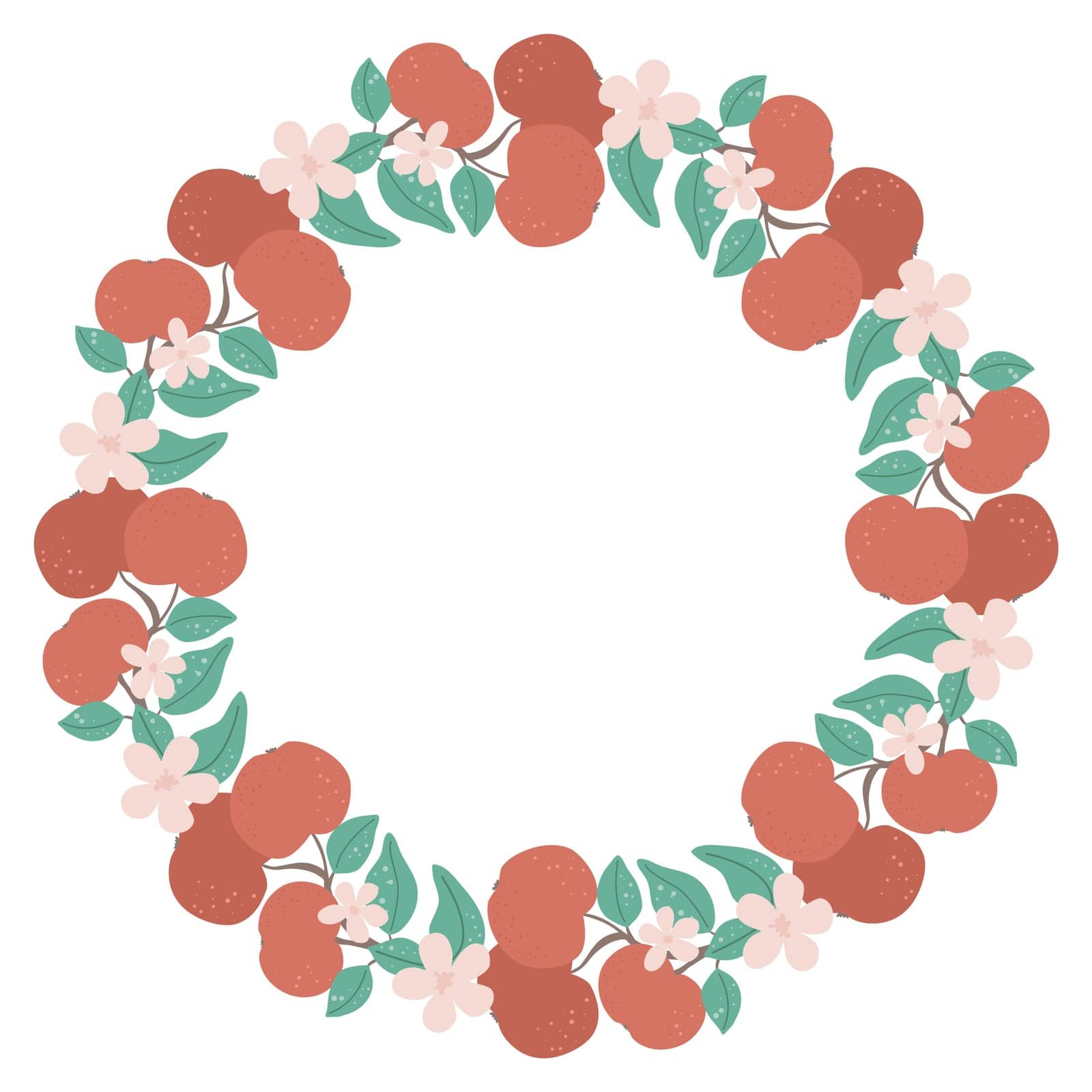 Flowering branches with apples round frame. Circular rim with ripe fruits, flowers and leaves. Fruit ornament with copy space, vector illustration