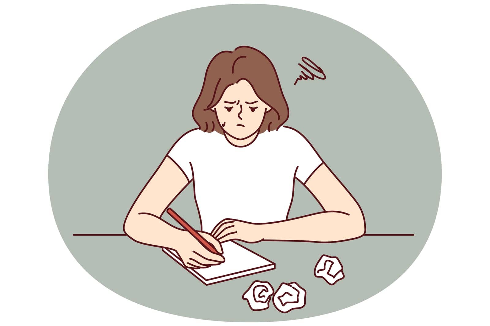 Stressed girl sitting at table with crumpled papers writes essay for college admission. Vector image by Vasilyeva