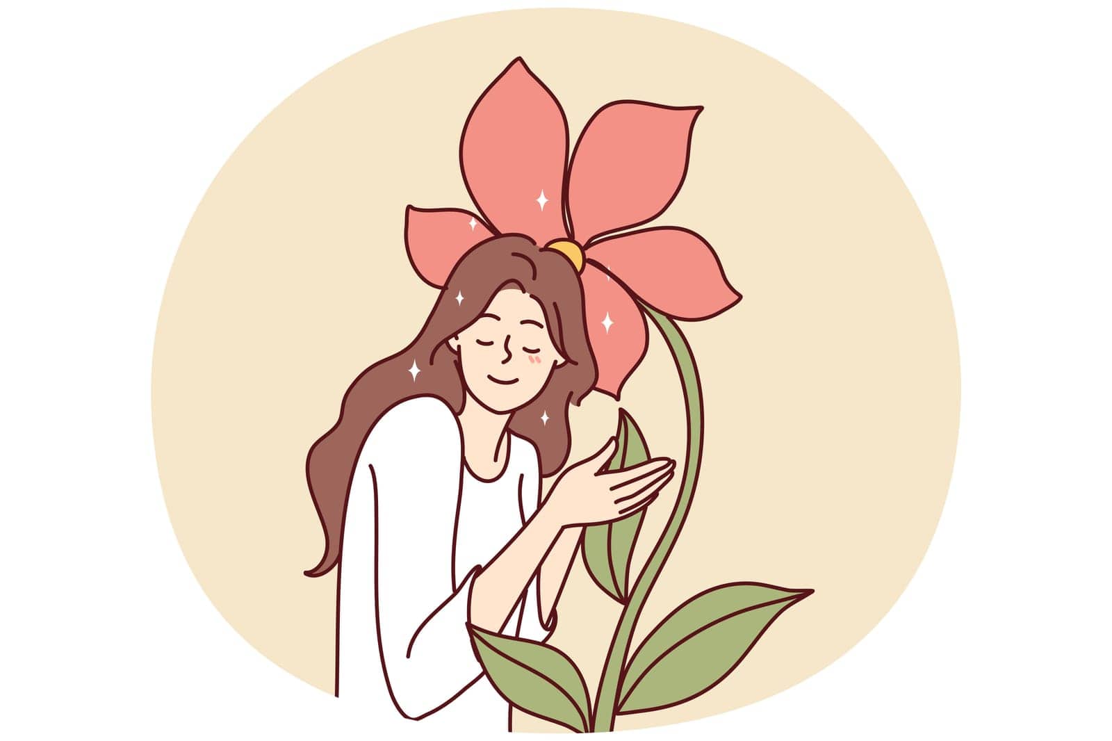 Woman closing eyes touches giant flower enjoying natural beauty and pleasant smell. Vector image by Vasilyeva
