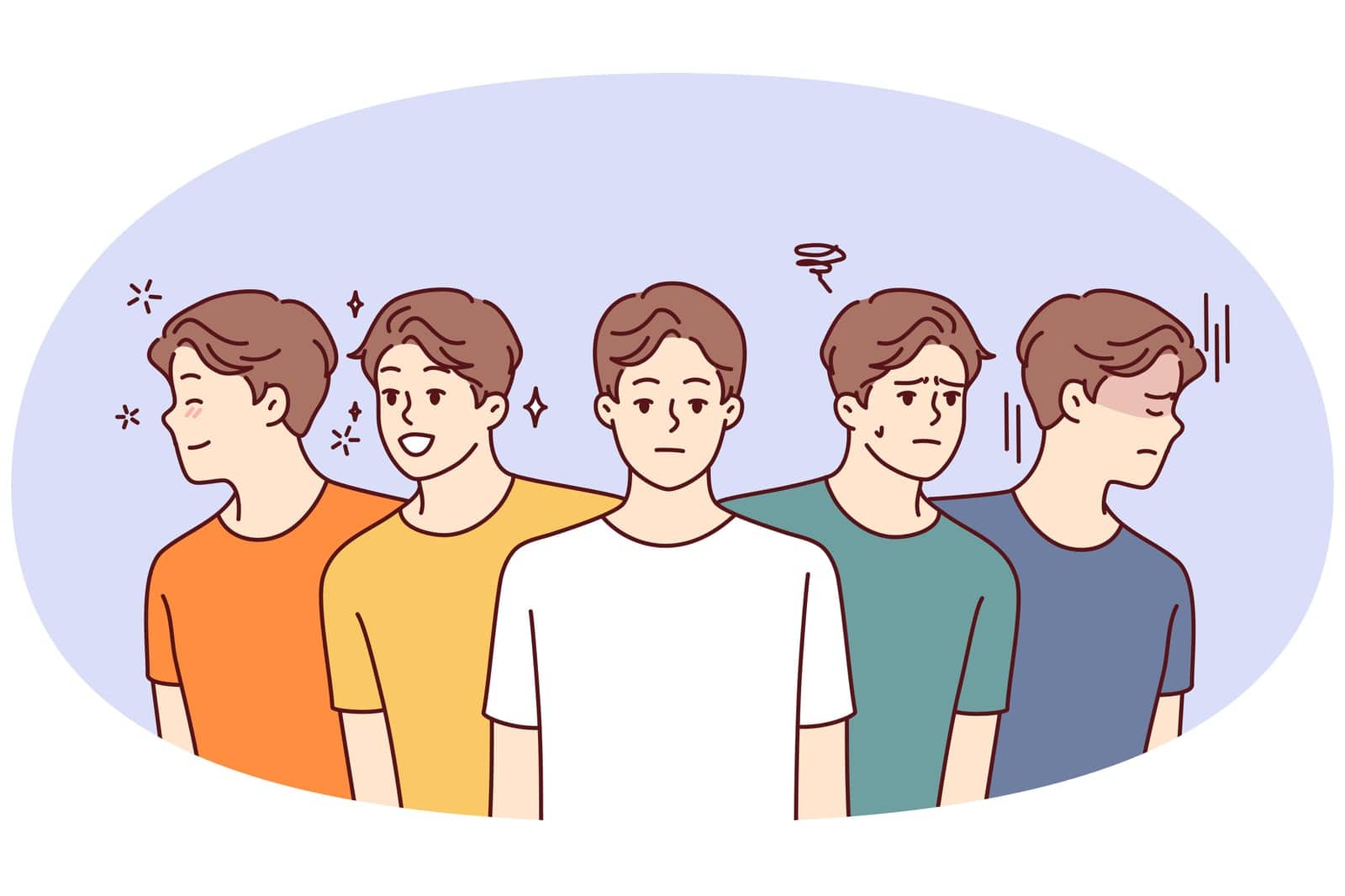 Identical men with positive and negative emotions look in different directions. Vector image by Vasilyeva