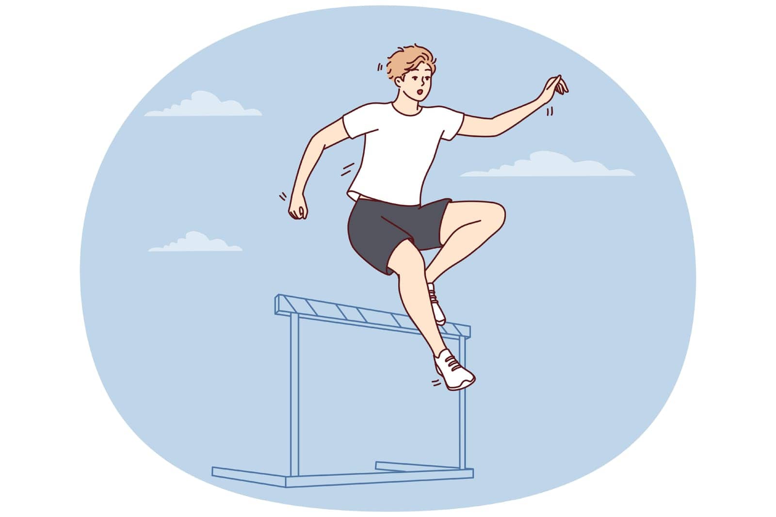 Male athlete running up jumps over barrier during important competition. Vector image by Vasilyeva