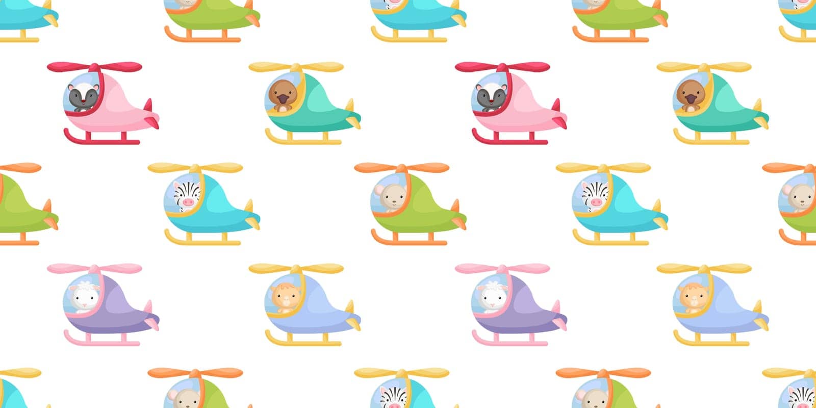 Cute little animals fly on helicopter seamless childish pattern. Funny cartoon animal character for fabric, wrapping, textile, wallpaper, apparel. Vector illustration.