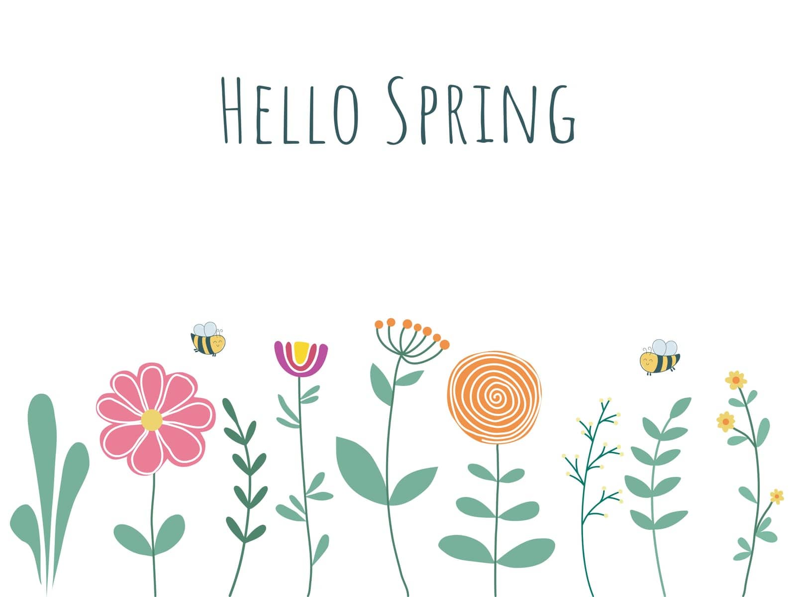 Spring card with bees, flowers, herbs and inscription. Hello spring handwritten text. Cute botanical floral design with coligraphy, vector illustration